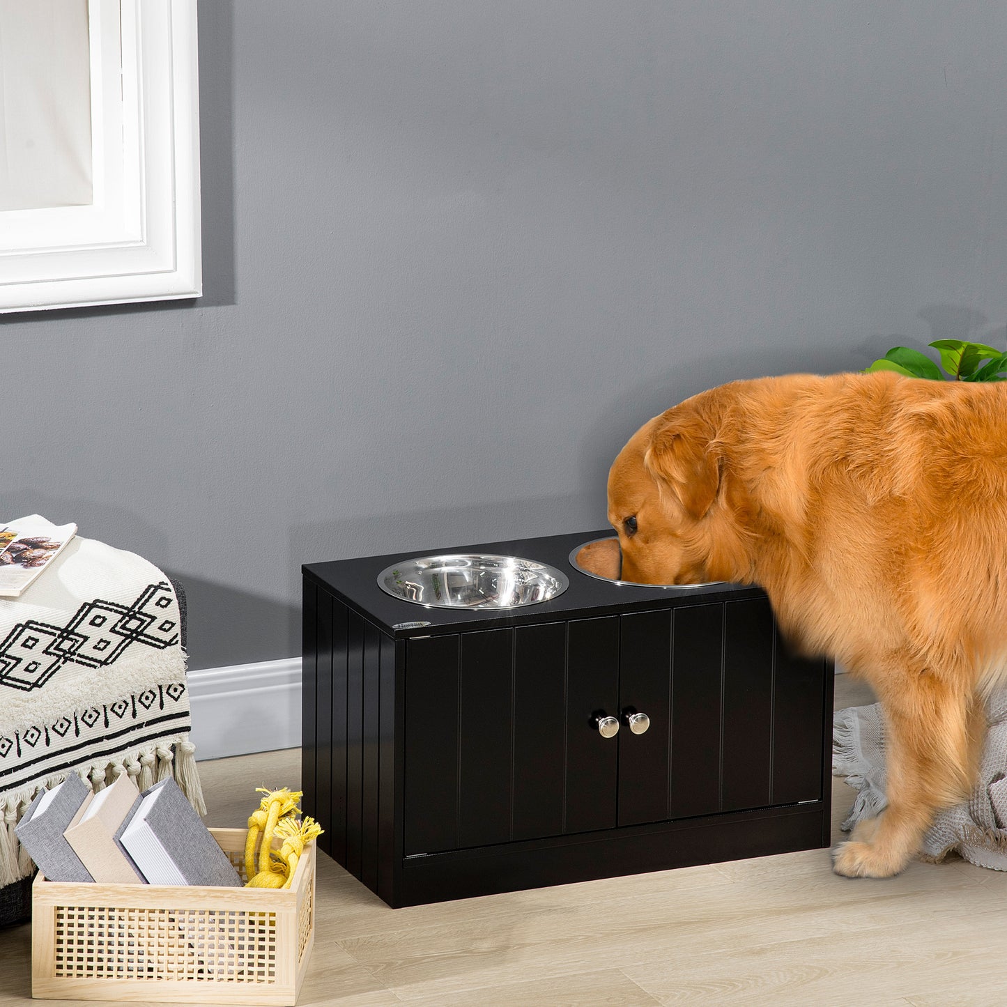 PawHut Magnetic-Door Dog Food Storage Cabinet & Dog Feeding Station, Black