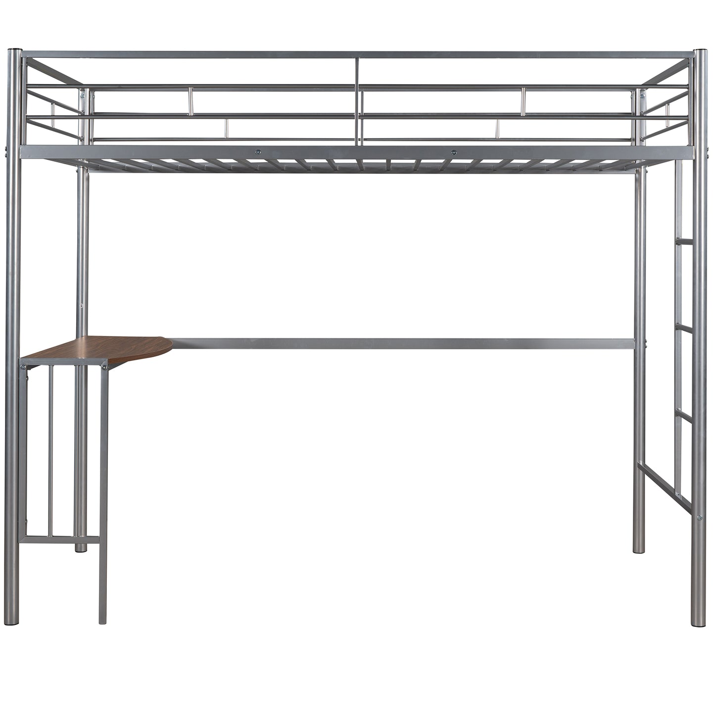 Silver Metal Twin Over Full Loft Bed with Integrated Desk and Ladder