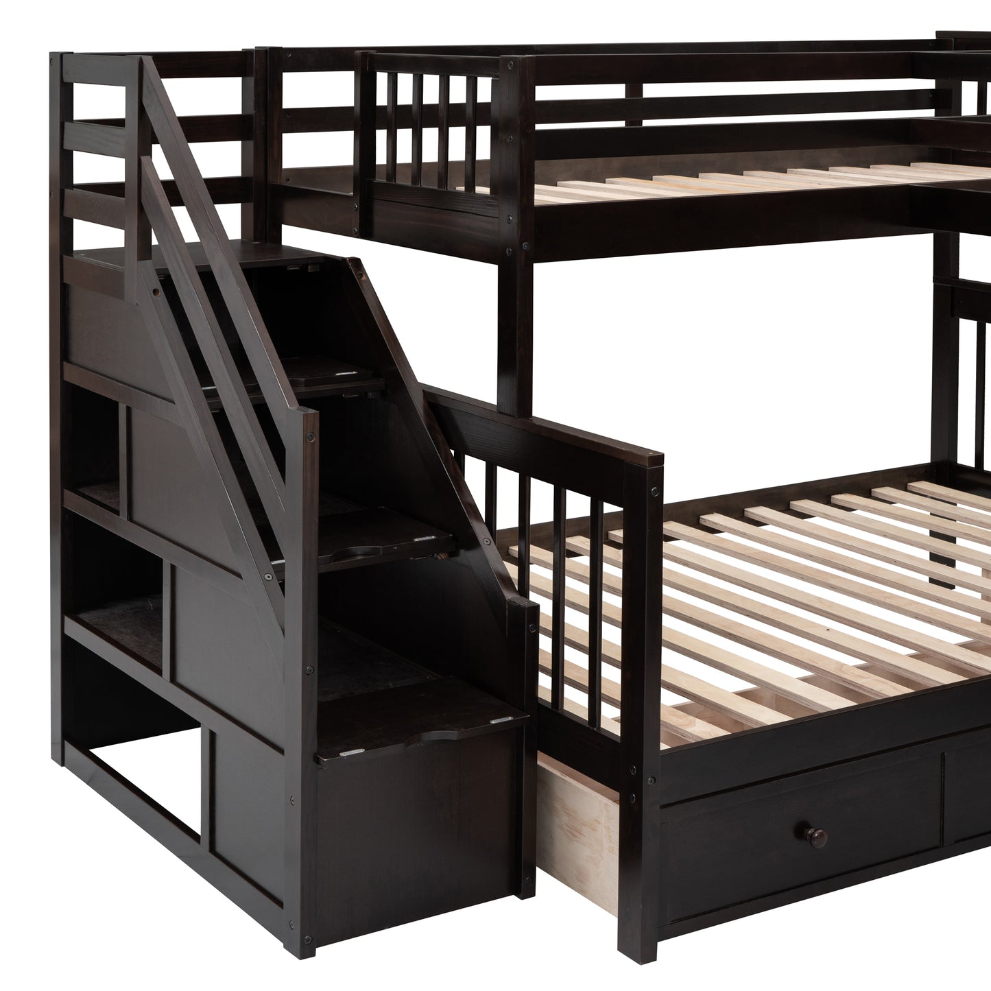 Espresso L-Shaped Bunk Bed with Storage Drawers, Desk, Wardrobe and Maximized Space