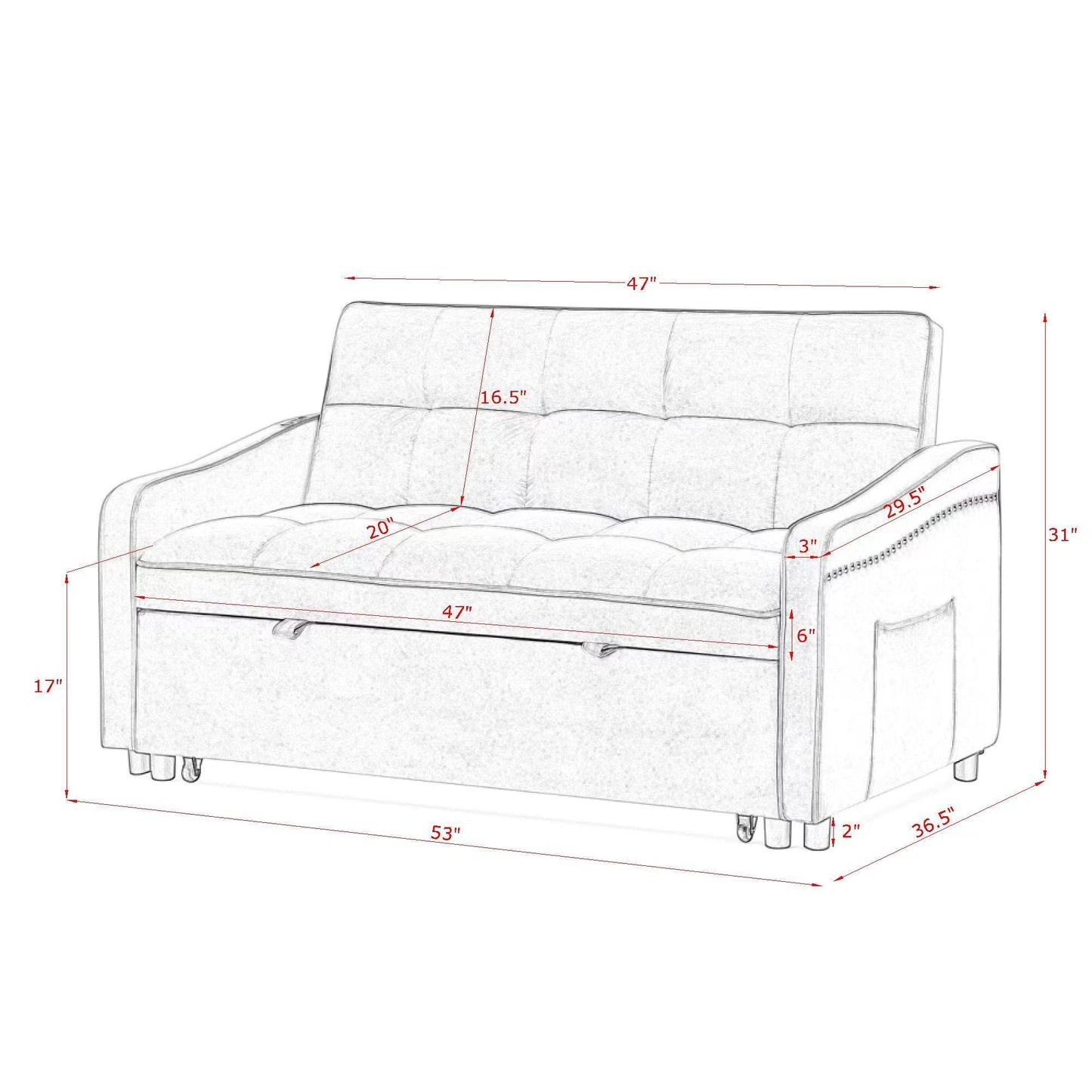 Loveseats Sofa Bed with Pull-out Bed,Adjsutable Back and Two Arm Pocket,TypeC and USB Charging with Copper nail,Grey (47"x53"x31")