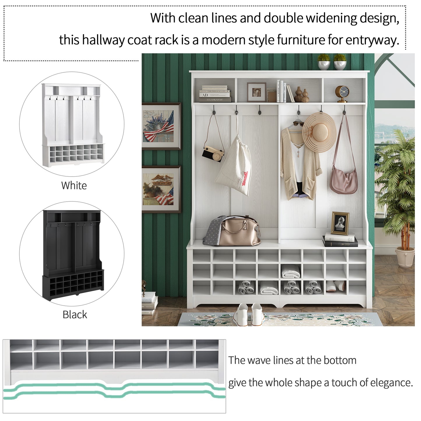 Modern Style Multiple Functions Hallway Coat Rack with Metal Black Hooks, Entryway Bench 60" Wide Hall Tree with Ample Storage Space and 24 Shoe Cubbies , White