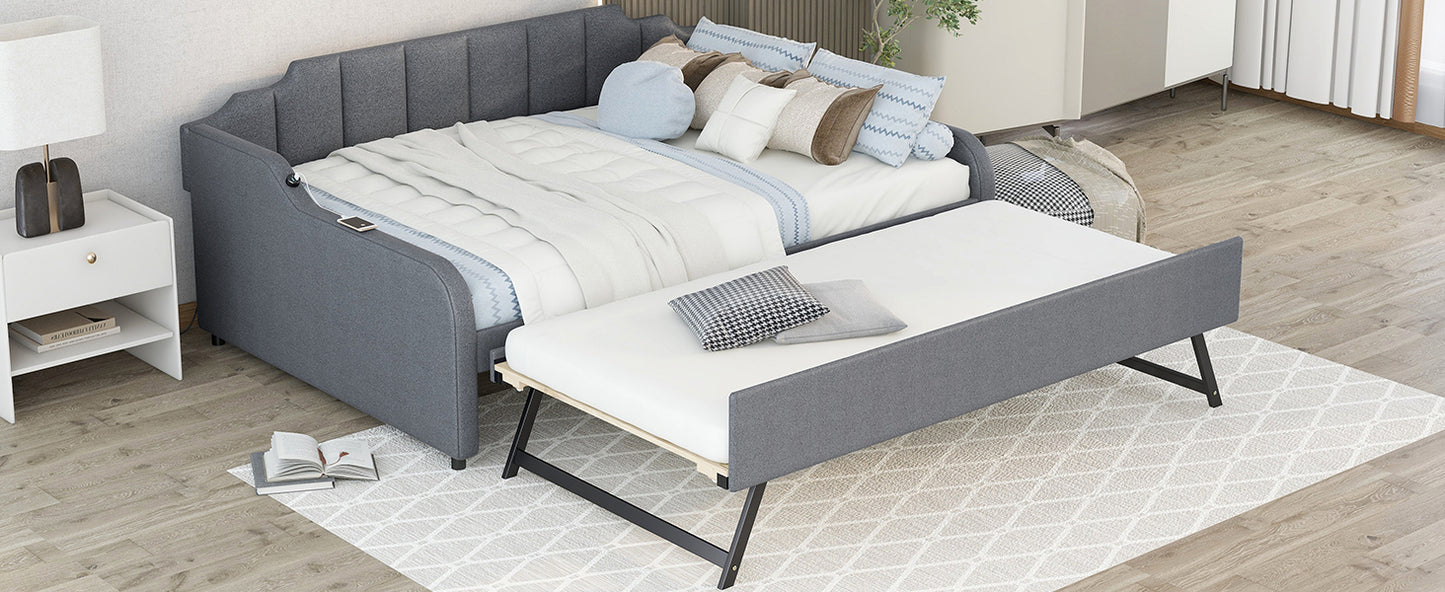 Full Size Upholstery Daybed with Trundle and USB Charging Design,Trundle can be flat or erected,Gray