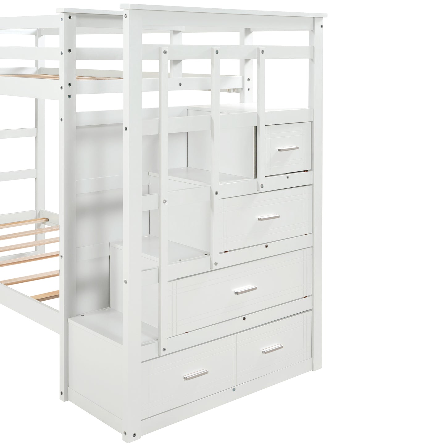 White Solid Wood Twin Bunk Bed with Trundle and Staircase