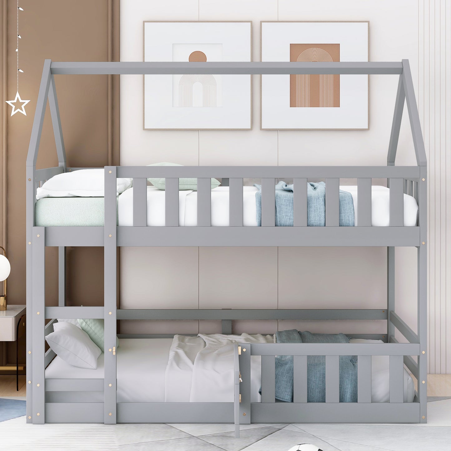 Twin House Bunk Bed with Gray Fence and Door