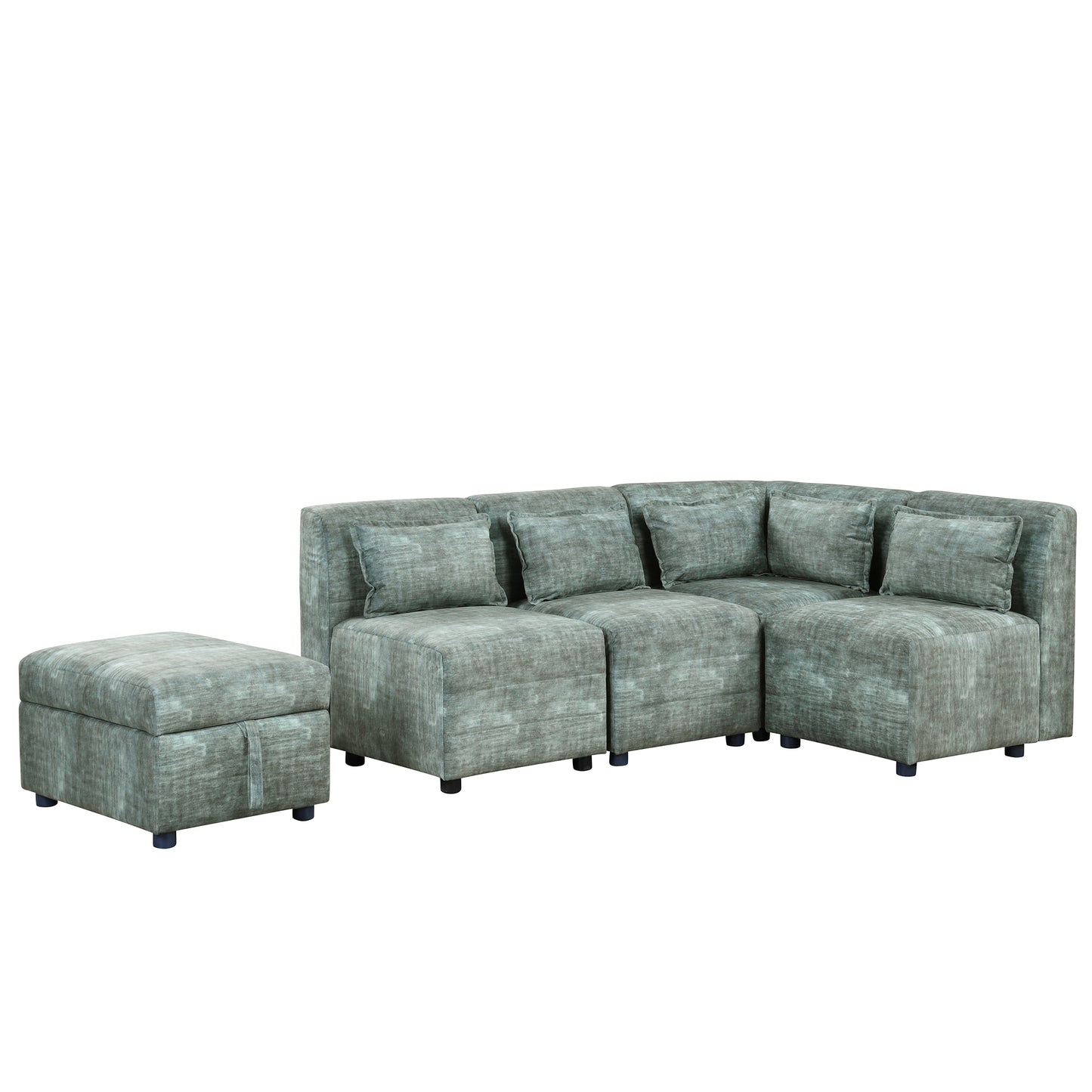 Endless Lounge Creations: Free-Combined Blue-Green Sectional Sofa with Storage Ottoman and 5 Pillows