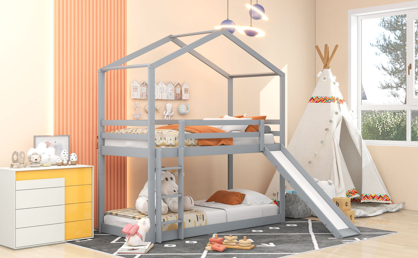 House-Themed Twin Bunk Bed with Slide, Roof, and Ladder for Kids