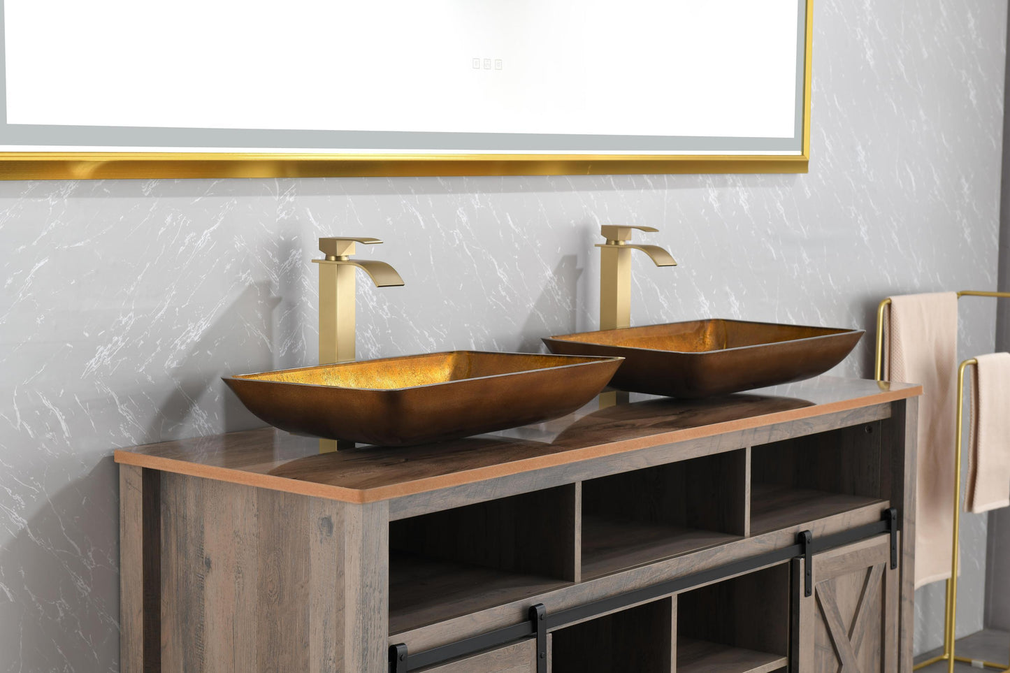 Gold Glass Rectangular Vessel Bathroom Sink Set with Faucet and Pop-Up Drain