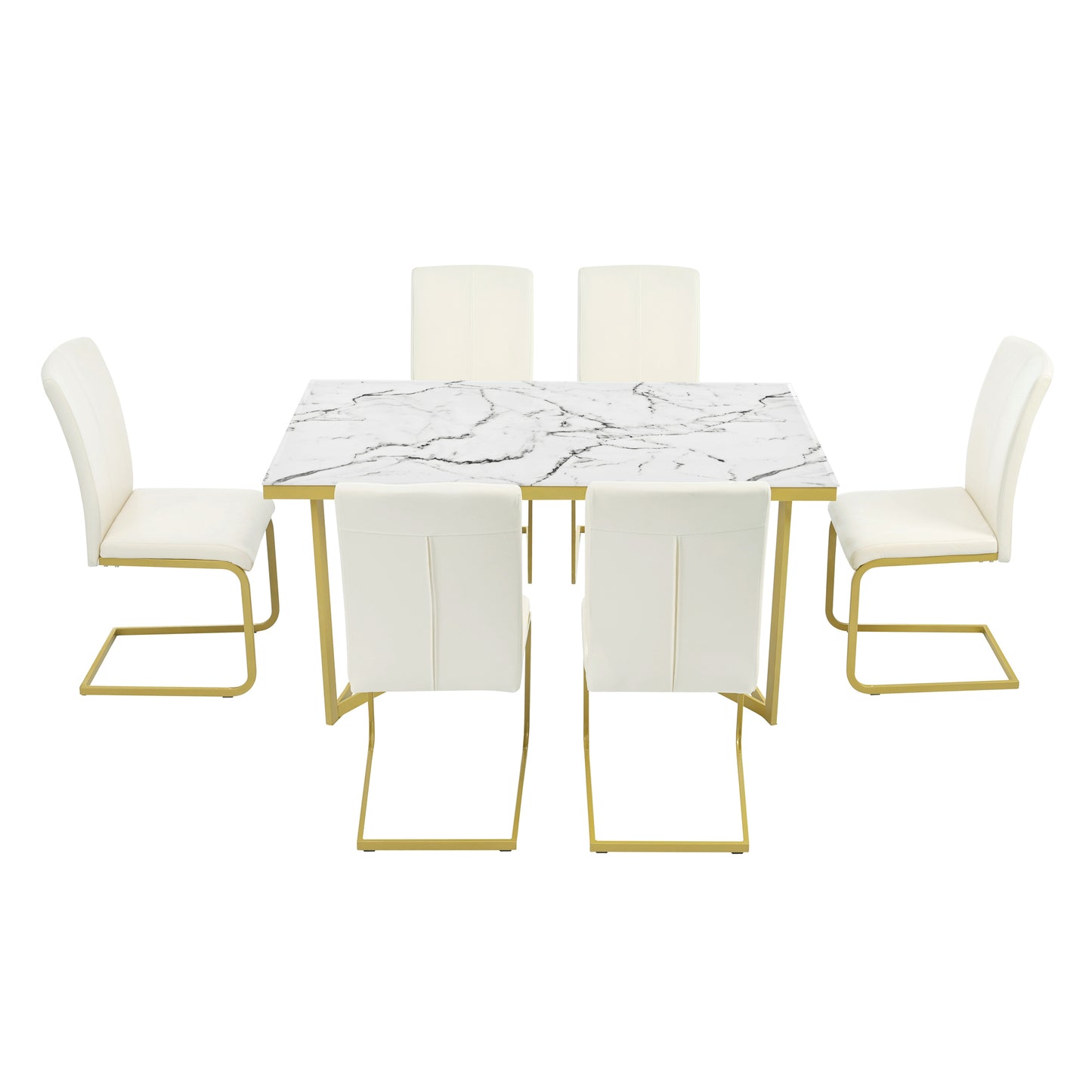 TREXM 7-Piece Modern Dining Table Set, Rectangular Marble Sticker Table and 6 PU Leather Chairs with Golden Steel Pipe Legs for Dining Room and Kitchen (White)