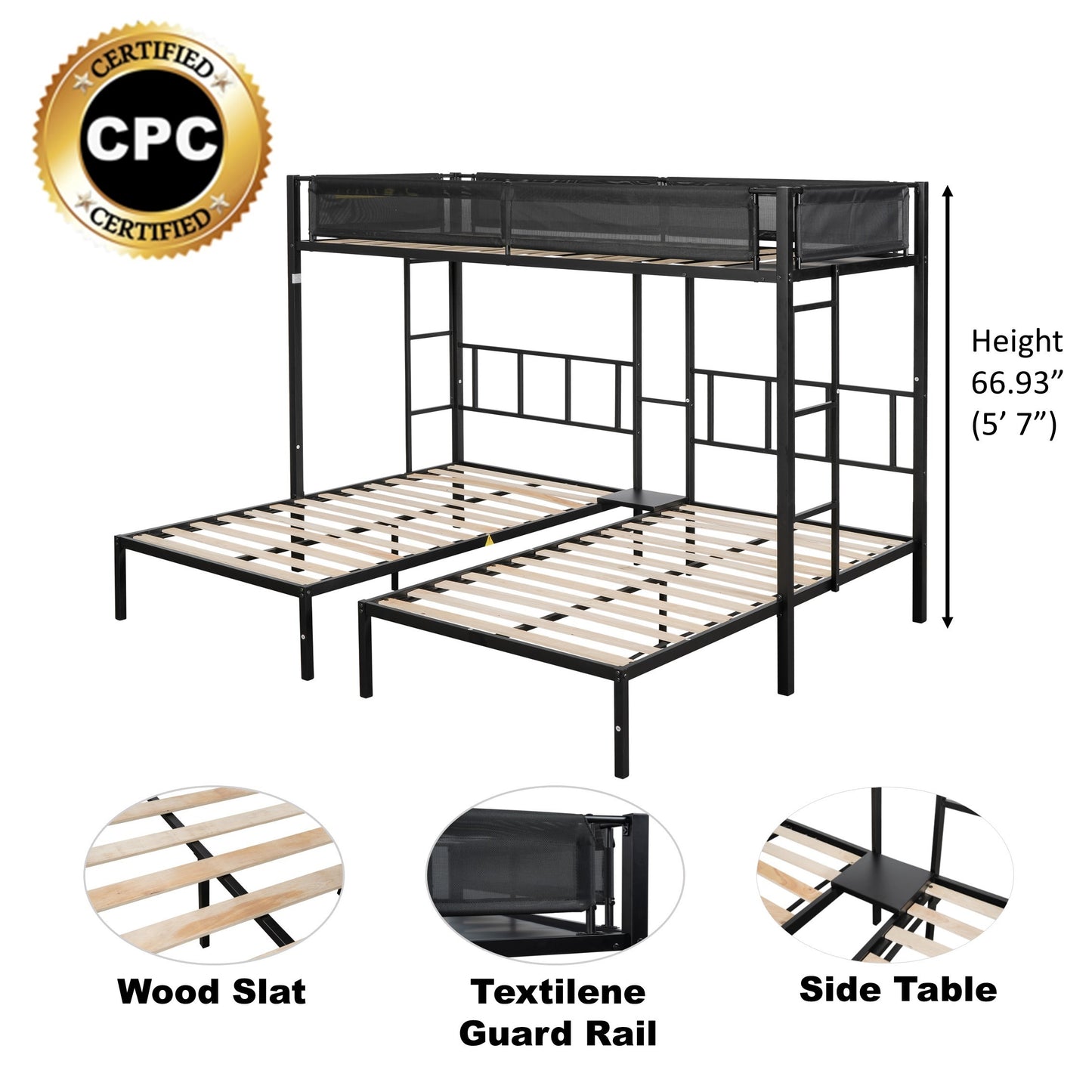 Metal Triple Twin Bunk Bed with Silent Wood Slats and Textilene Guardrails