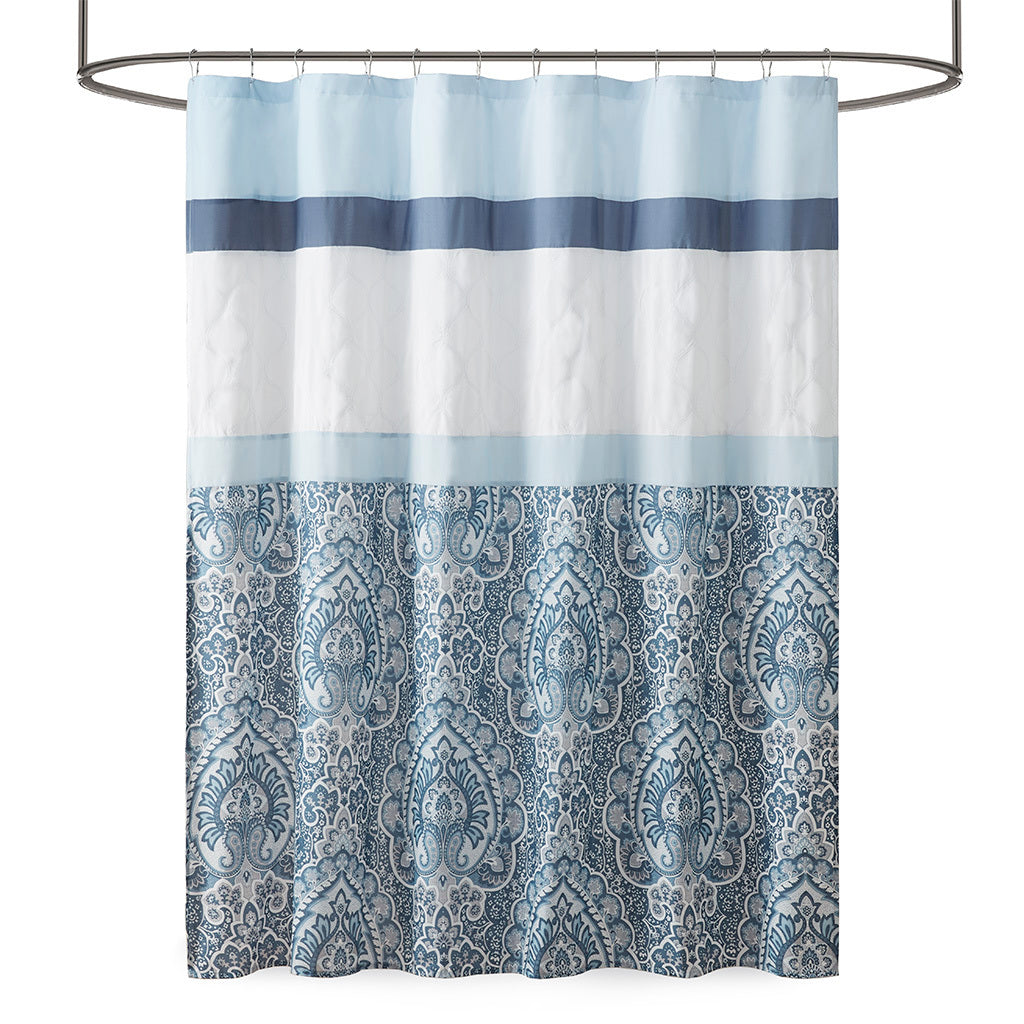 Sophisticated Blue Geometric and Damask Embroidered Shower Curtain