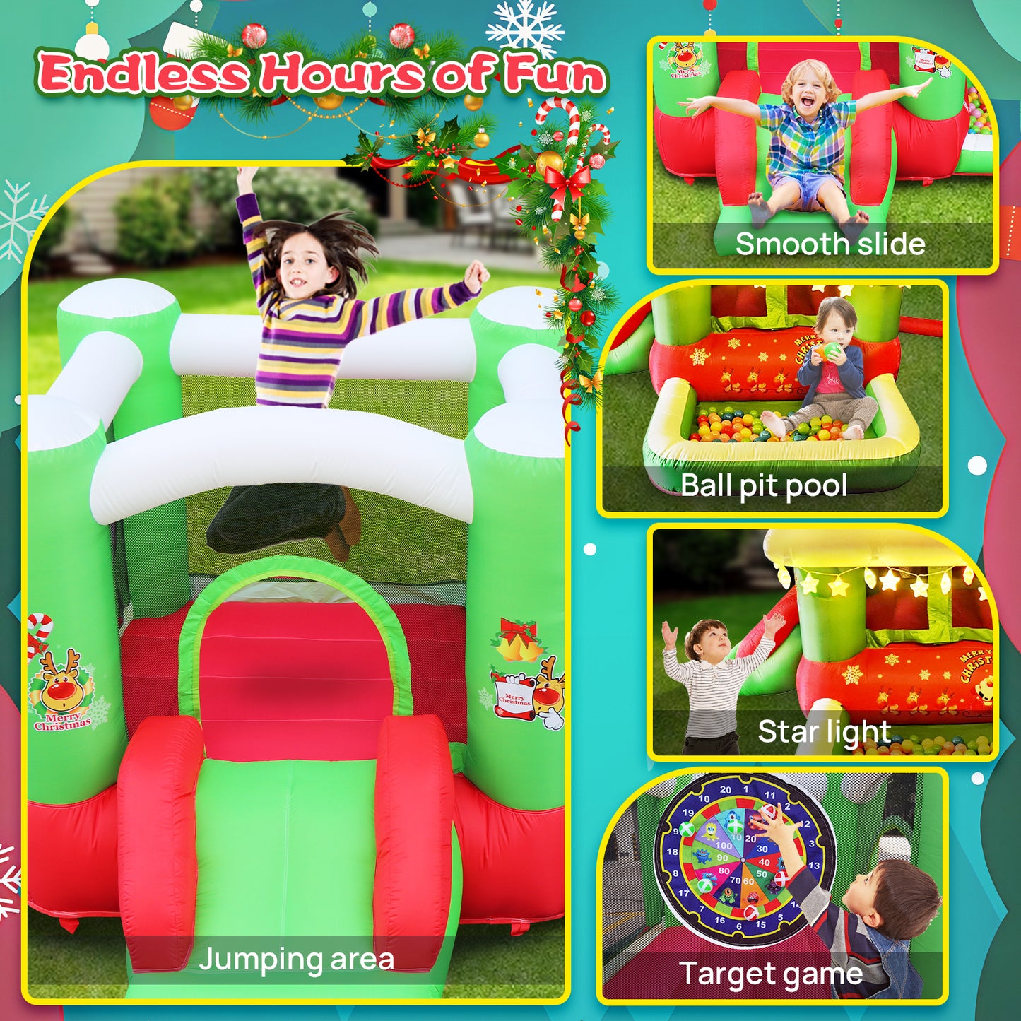 Festive Christmas Inflatable Bouncer with Blower for Kids - Spacious 80 x 91 Play Area - 55 Tall