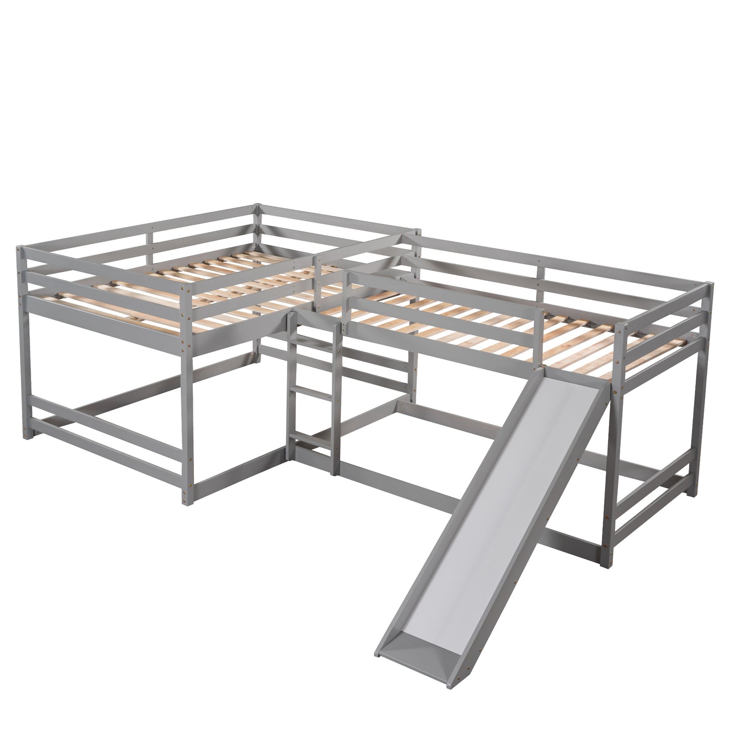 Gray L-Shaped Bunk Bed with Full and Twin Size, Slide, and Short Ladder