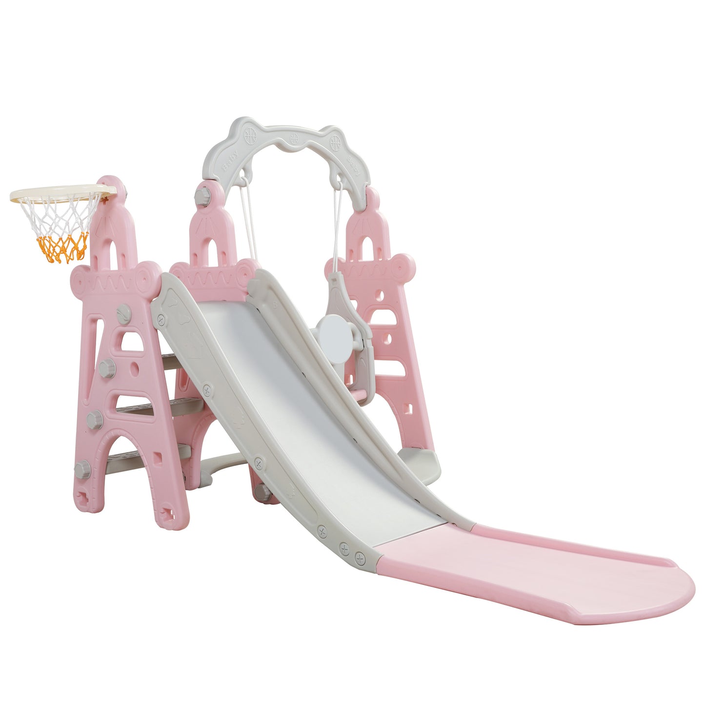 3-in-1 Kids Slide and Swing Set with Basketball Hoop, Indoor and Outdoor Activity Center in Pink and Gray