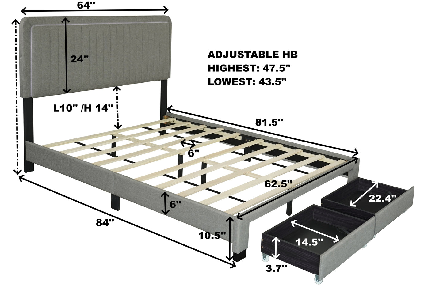 QUEEN SIZE UPHOLSTERED BED WITH ADJUSTABLE HEIGHT / MATTRESS 10 TO 14 INCHES / LED DESIGN WITH FOOTBOARD DRAWERS STORAGE / NO BOX SPRING REQUIRED STONE