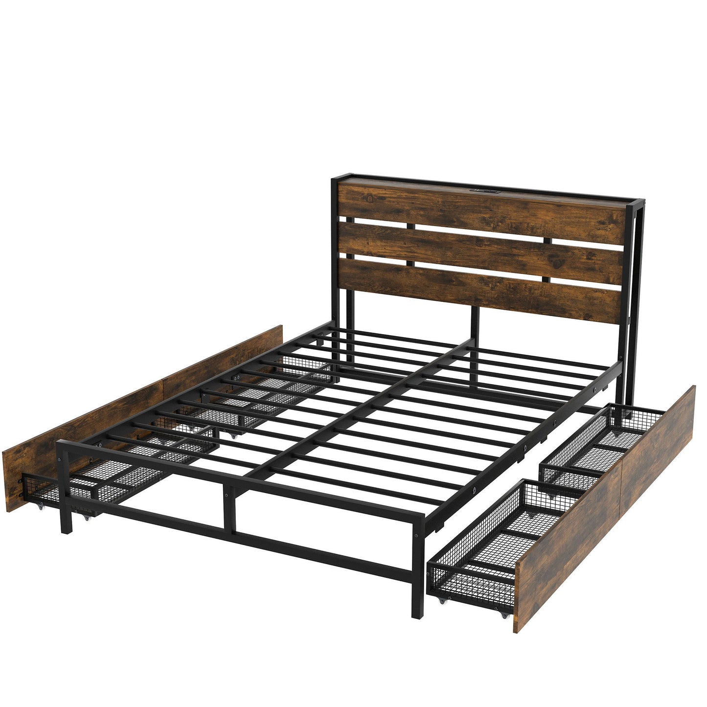 Metal Platform Bed With Four drawers, Sockets and USB Ports, Full, Black