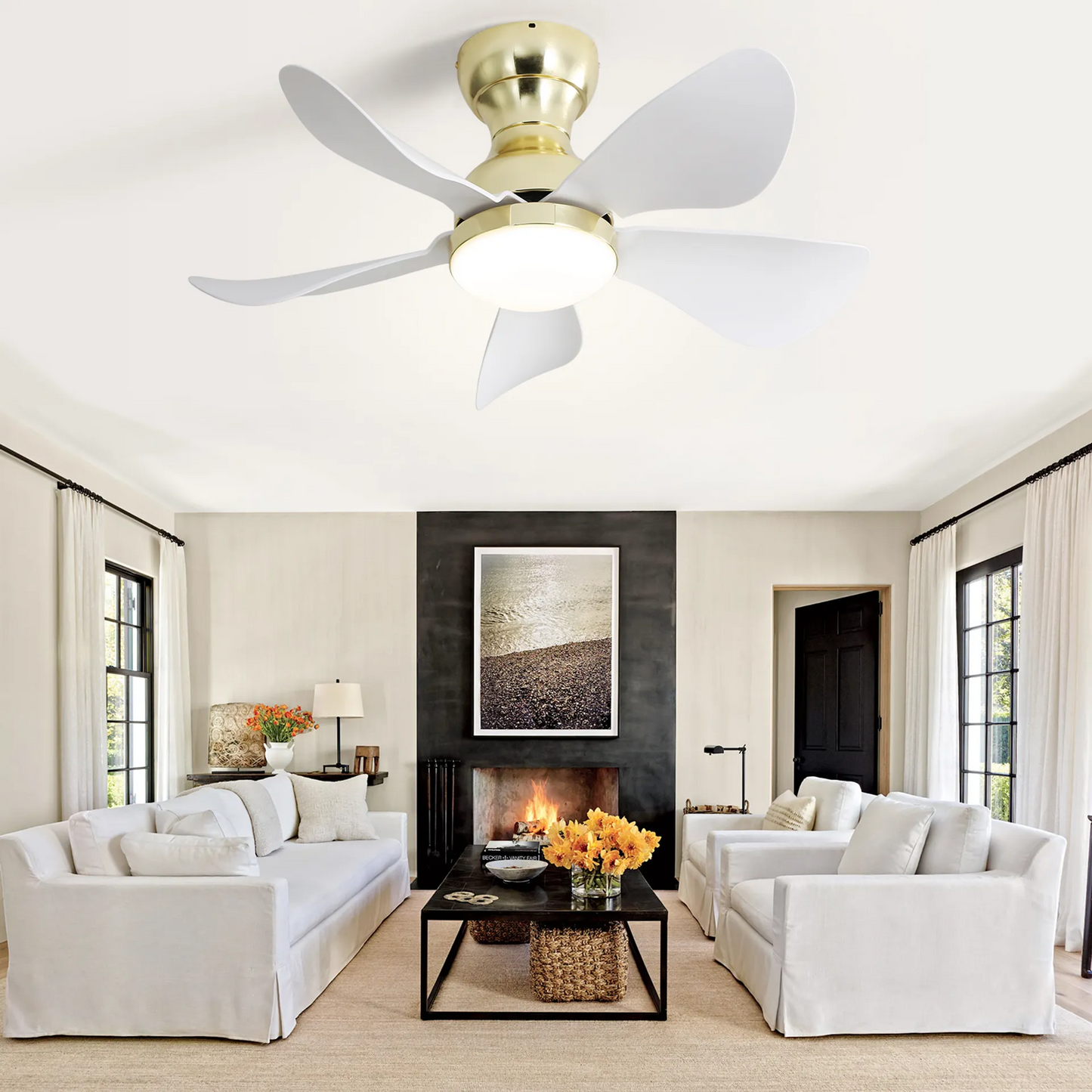 29 Inch Modern Gold Ceiling Fan with Whisper-Quiet Operation and 3-Color LED Light