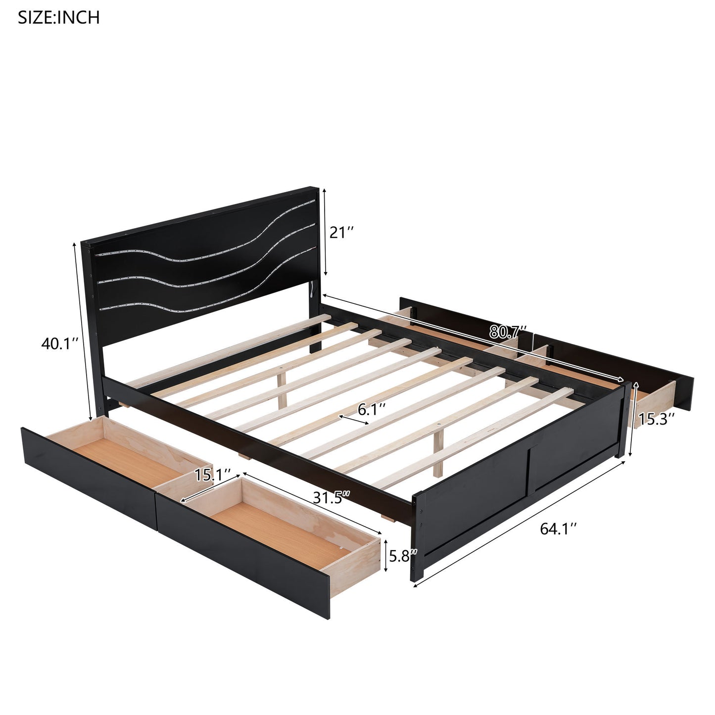 Queen Size Wood Storage Platform Bed with LED and 4 Drawers, Black