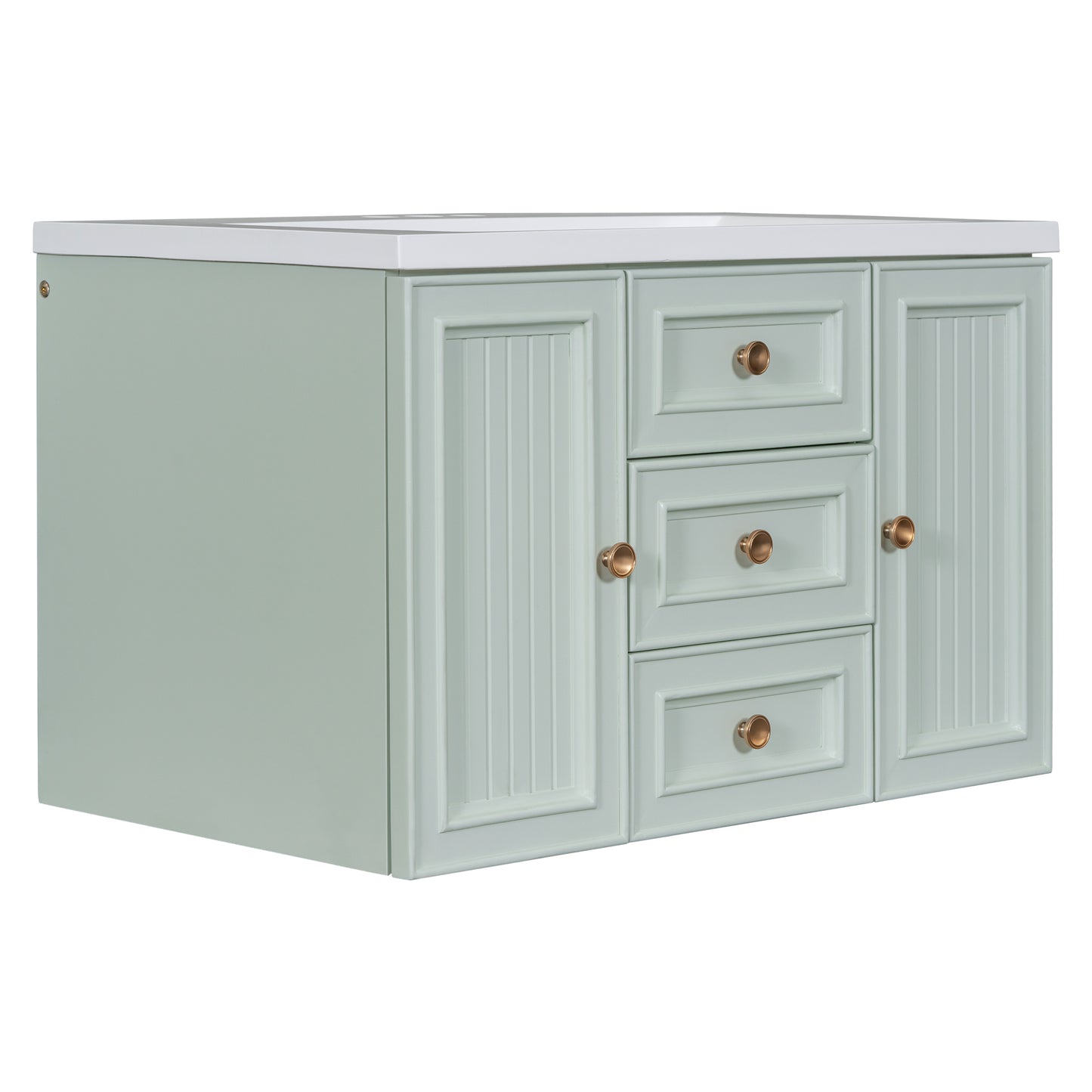 30" Wall Mounted Bathroom Vanity with Sink Combo, Functional Drawer, Solid Wood & MDF Board & Ceramic, Green