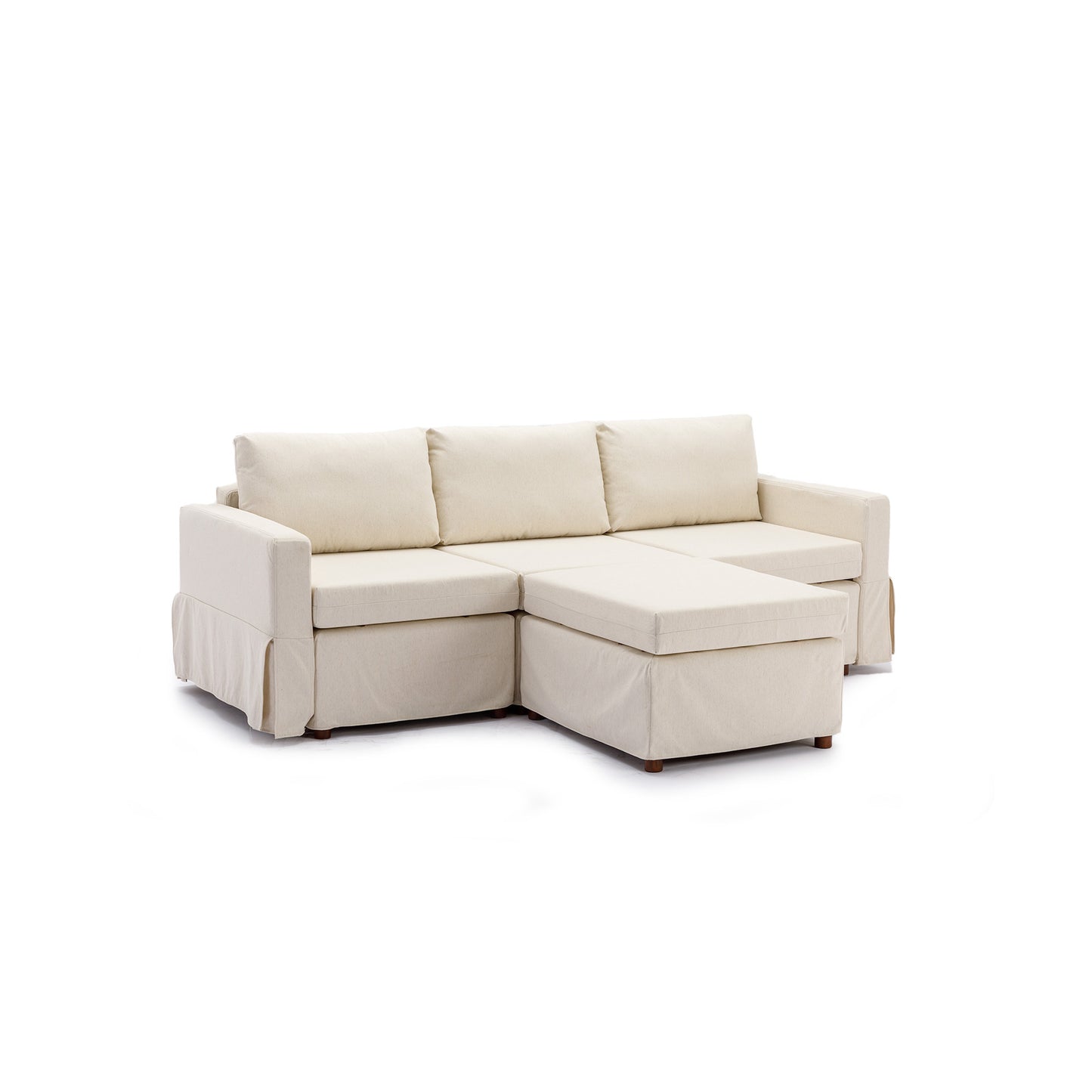 Cream Linen 3-Seat Modular Sectional Sofa Set with Ottoman