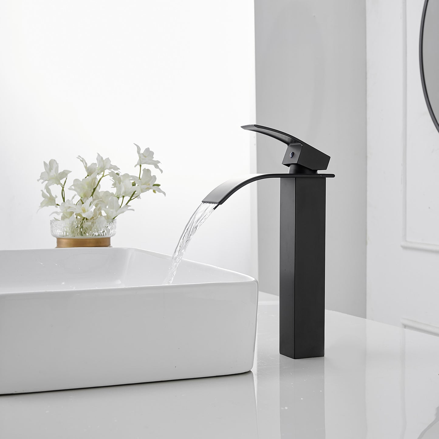 Matte Black Waterfall Bathroom Vessel Sink Faucet with Single Hole Handle and Pop-up Drain