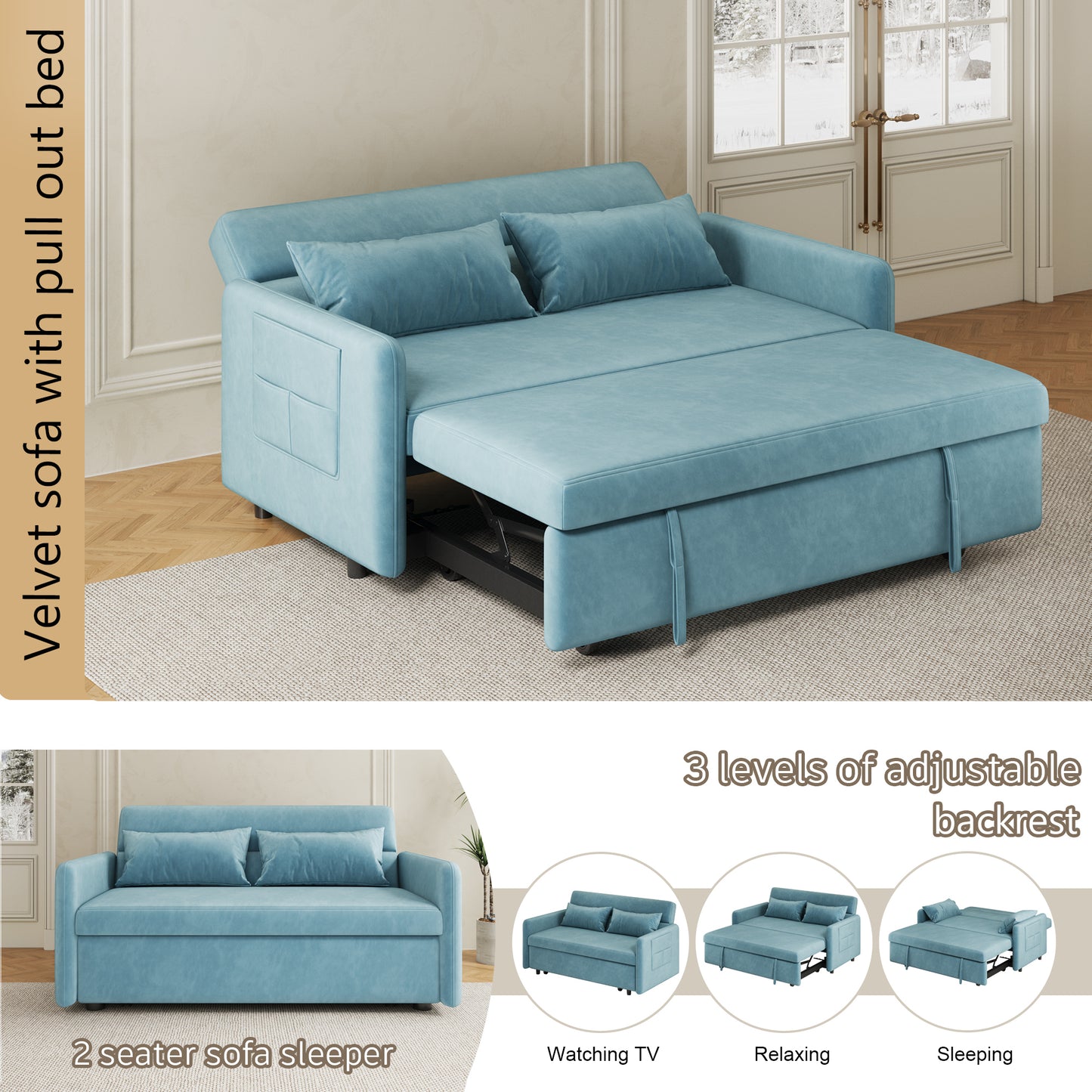 Sofa Pull Out Bed Included Two Pillows 54" Velvet Sofa for Small Spaces Teal