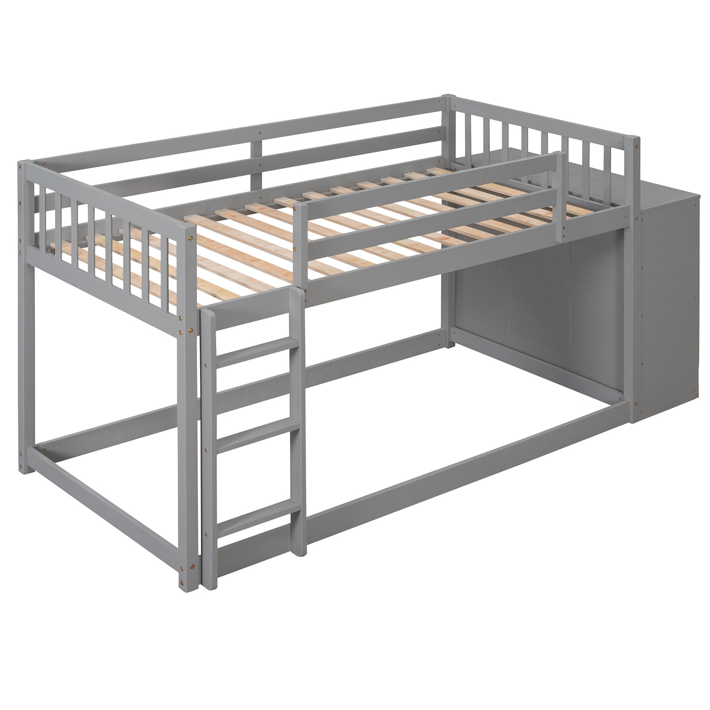 Space-Saving Gray Twin Bunk Bed with Storage and Built-in Shelves for Twin over Twin Configuration