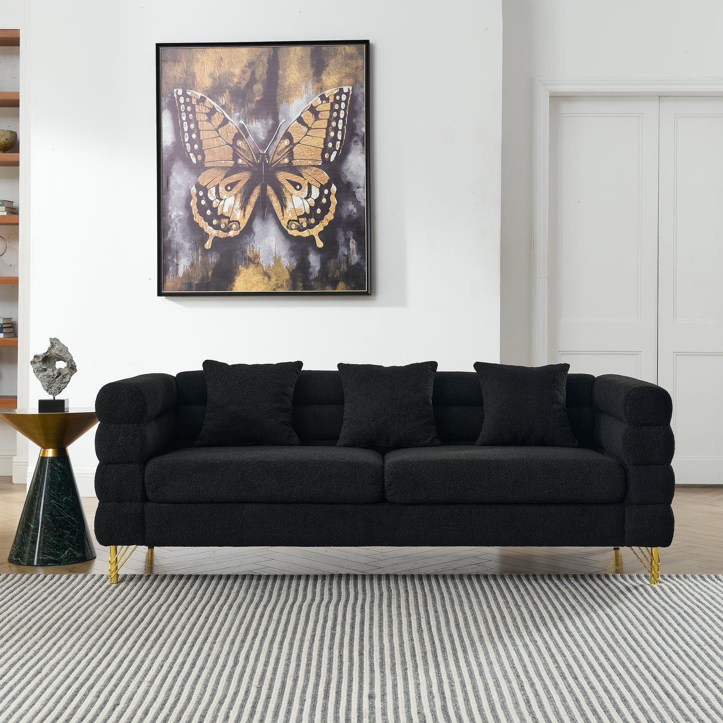 81 Inch Black Teddy Fabric 3-Seater Sectional Sofa with Lumbar Pillows