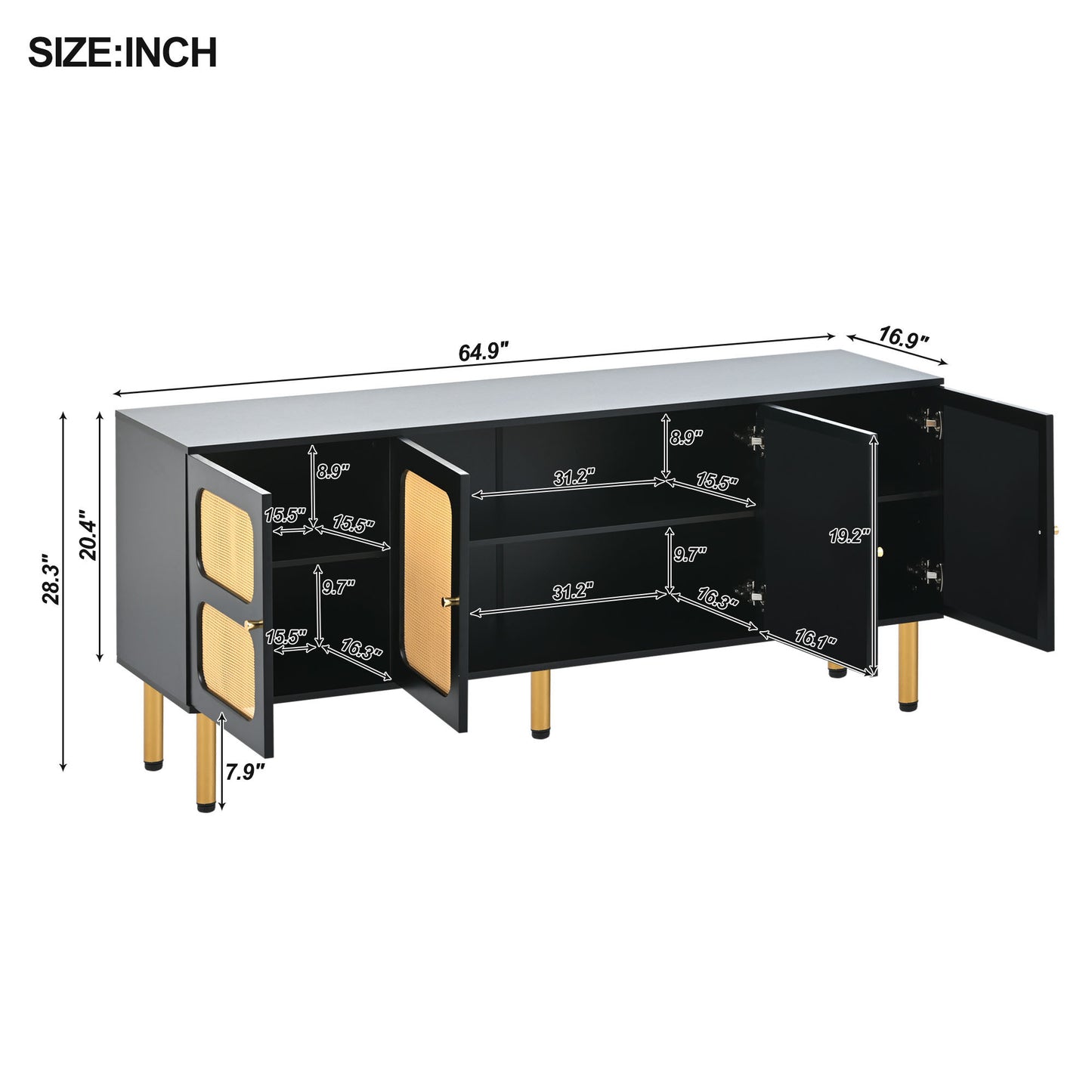 Elegant Country Style TV Stand with Rattan Door and Gold Metal Base