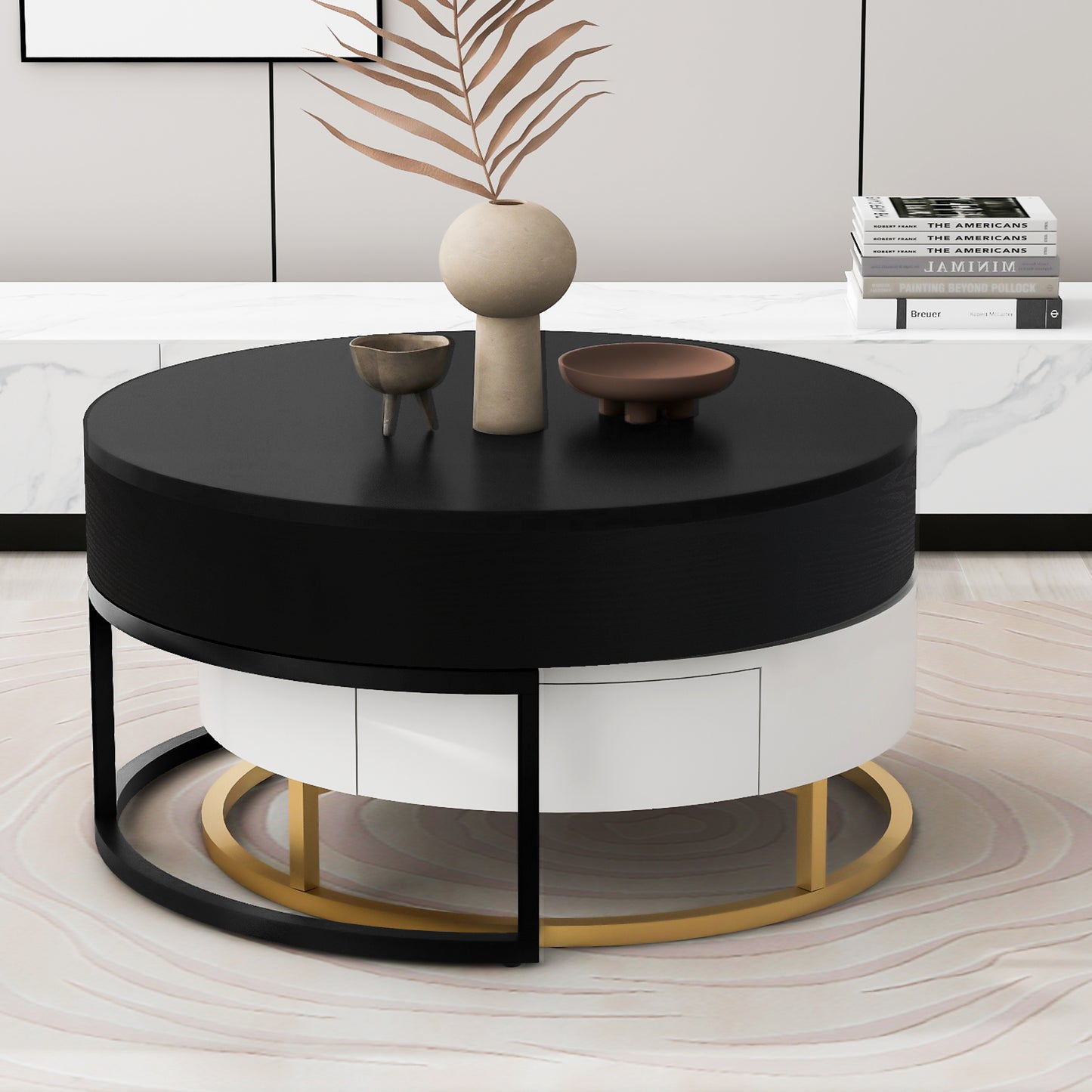 Contemporary 2-Drawer Lift-Top Round Coffee Tables in White & Black