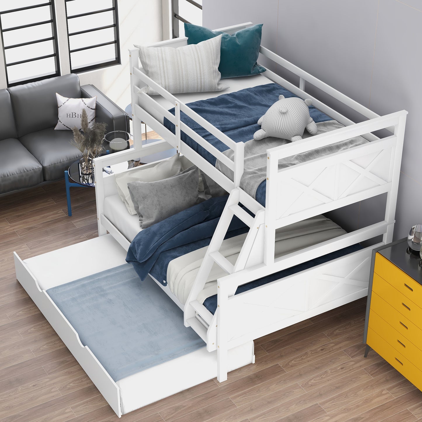 White Twin over Full Bunk Bed Set with Trundle, Guardrail, and Ladder