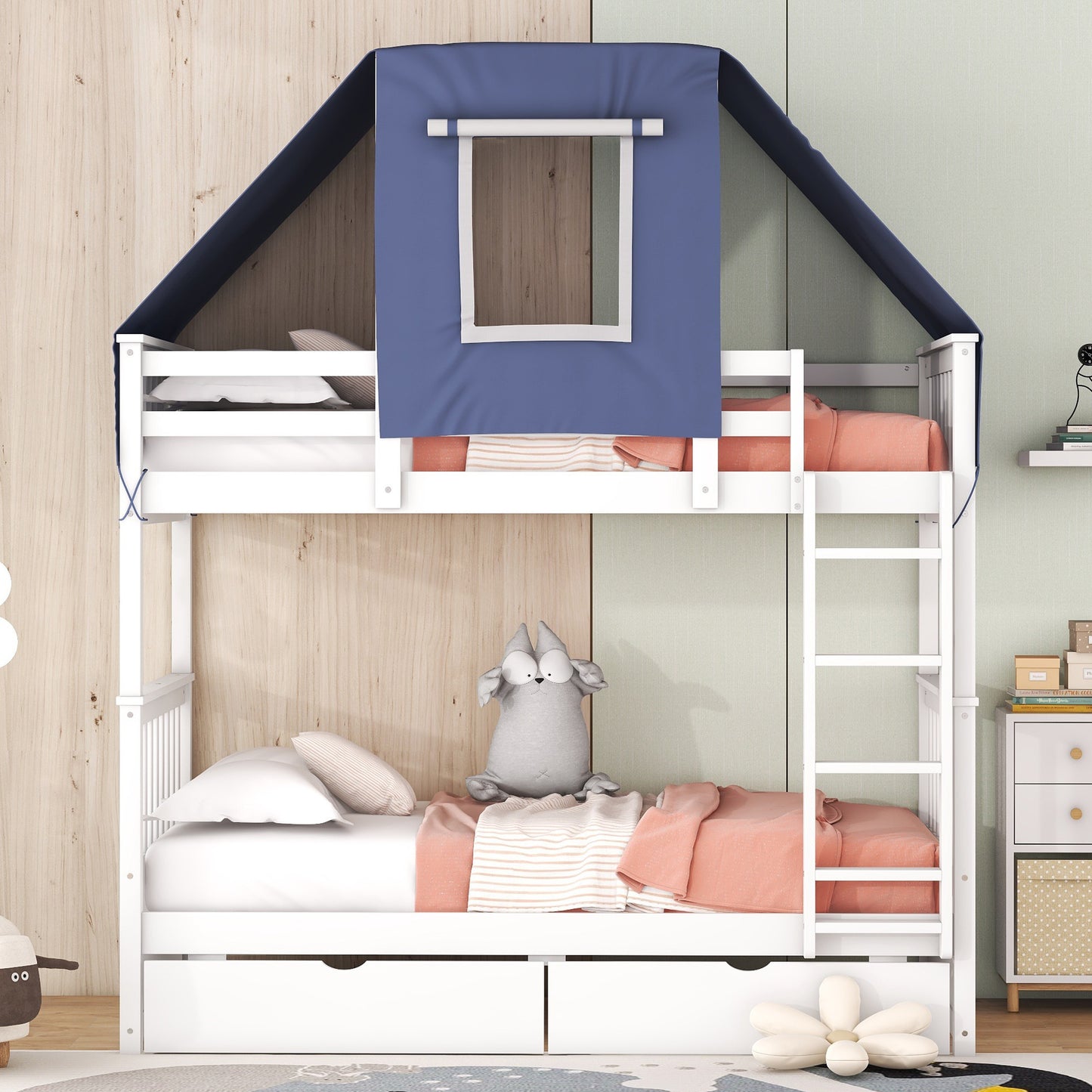 House-Shaped Twin Bunk Bed with Tent, Drawers, White & Blue