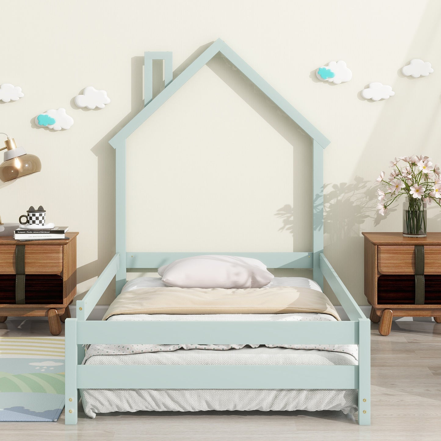 Twin Size Wood bed with House-shaped Headboard Floor bed with Fences,Light Green