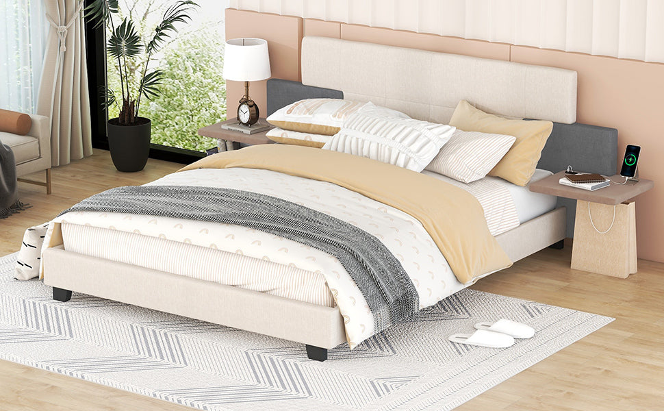 Queen Size Upholstered Platform Bed with Bedside Shelves and USB Charging Design, Beige+Gray