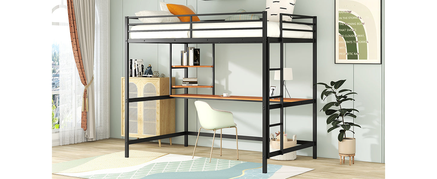 Full Metal Loft Bed with Desk and Shelve, Black