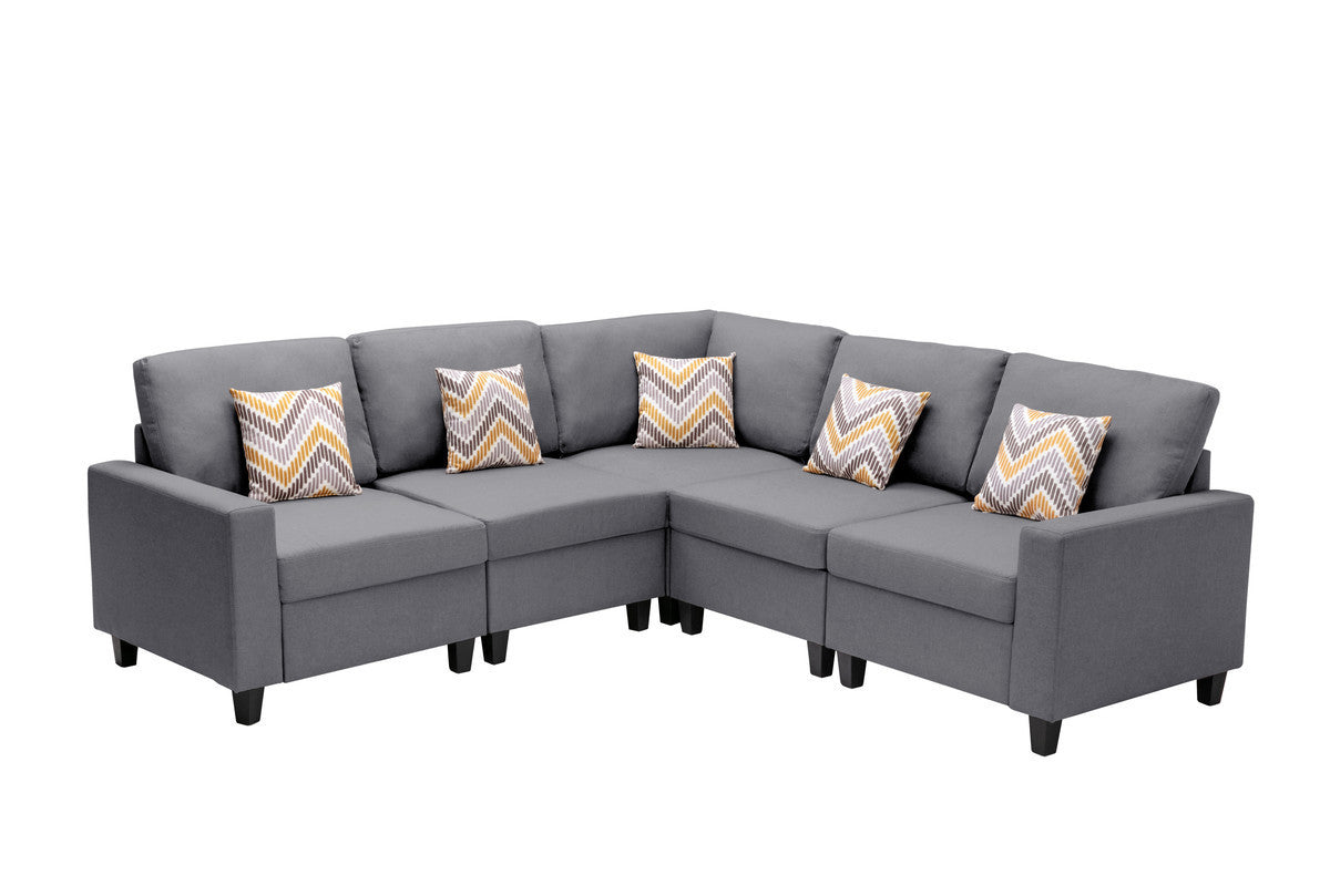 Nolan Gray Linen Fabric 5-Piece Reversible Sectional Sofa Set with Pillows and Interchangeable Legs