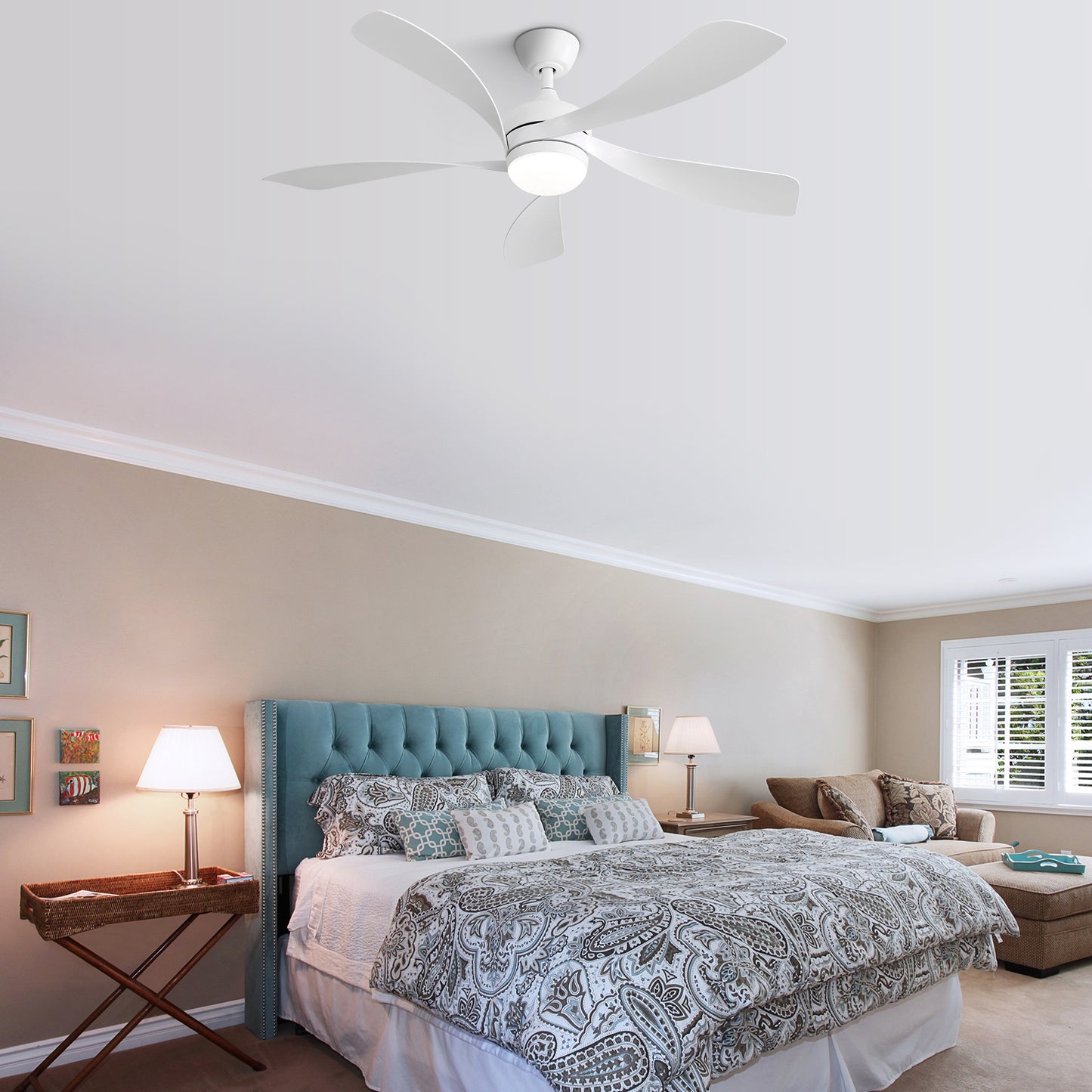 Quiet 52 Inch White Wooden Ceiling Fan with Remote Control and LED Light