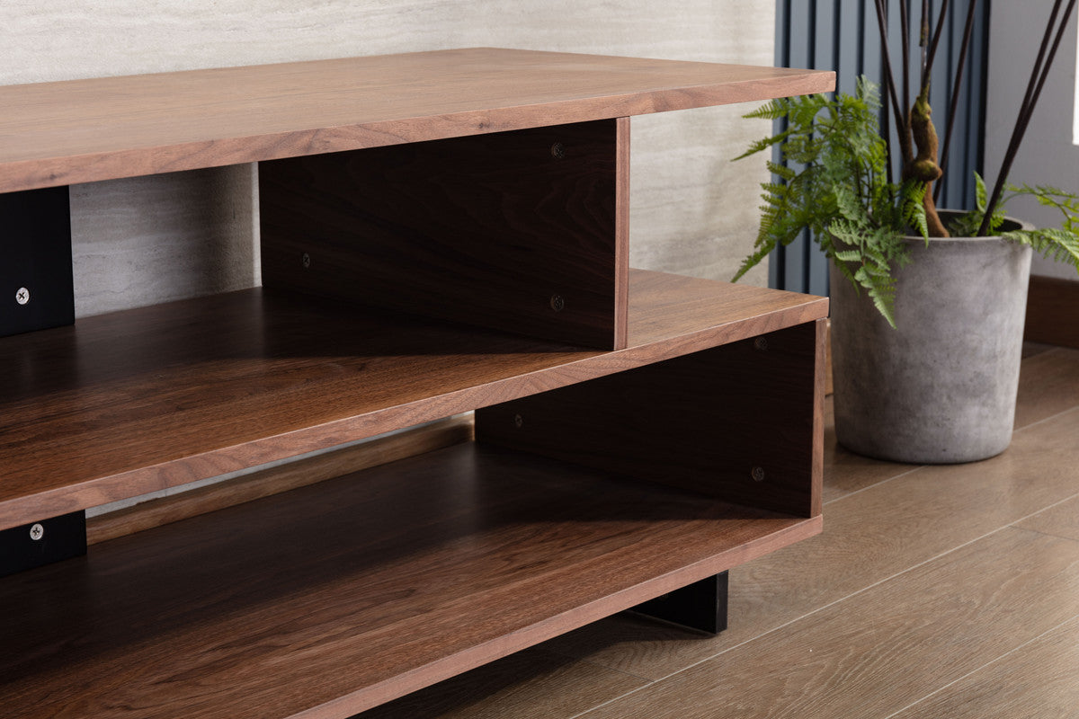 Iris Walnut Brown TV Stand with Black Legs and Two Shelves