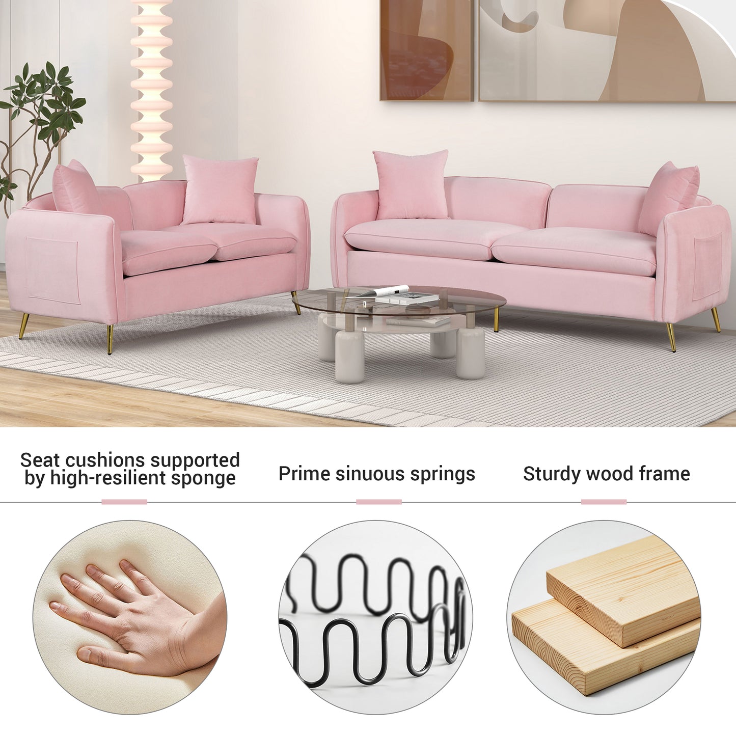 Velvet Upholstered Sofa with Armrest Pockets and 2 Pillows, Pink, 3-Seat