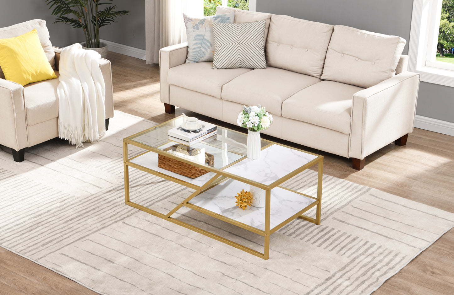 Golden Glass and Metal Coffee Table with Storage Shelf for Living Room or Bedroom