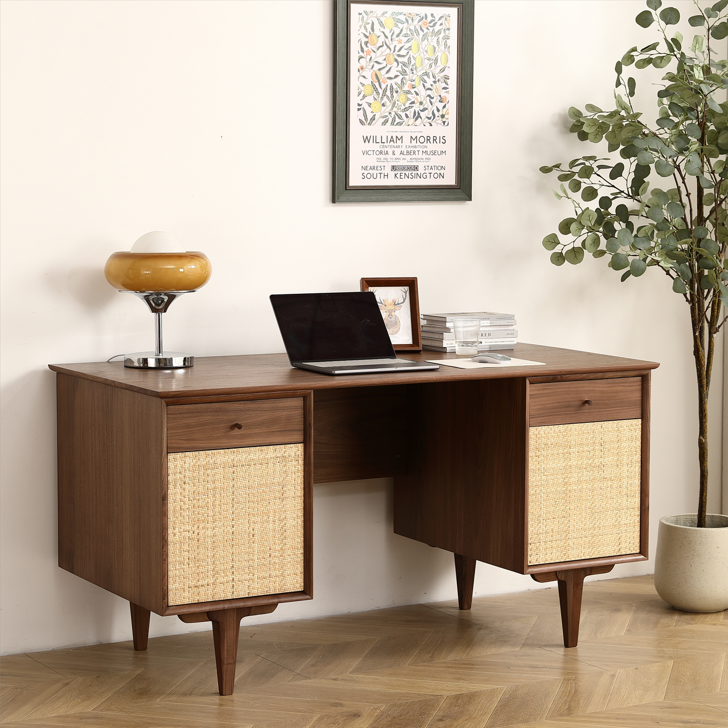 Elegant Large Black Walnut Desk with Chic Rattan Mesh Door and Spacious Storage Area