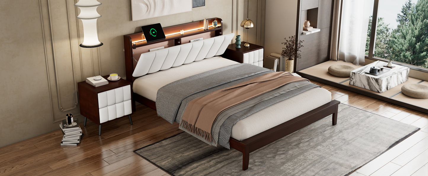 Queen size Platform Bed with USB Charging Station and Storage Upholstered Headboard,LED Bed Frame,No Box Spring Needed,Walnut+Beige