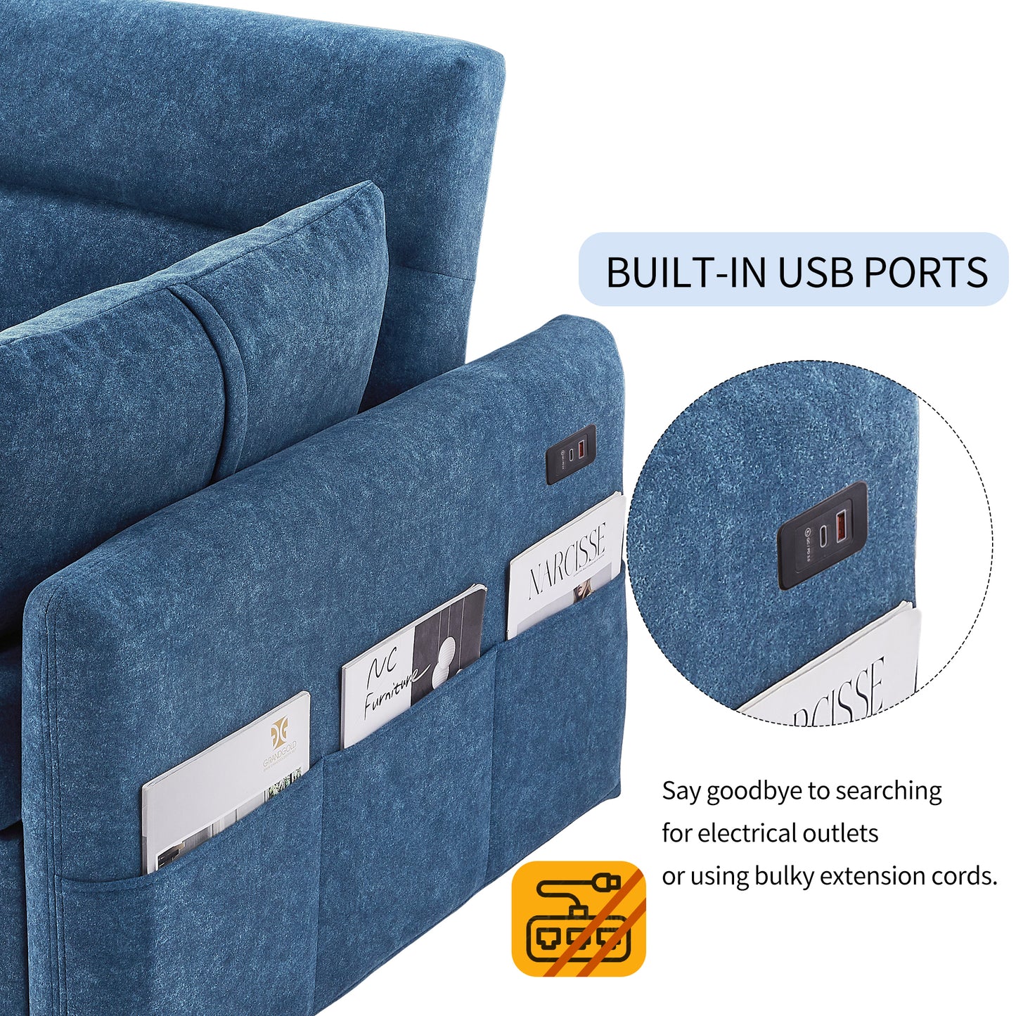 55.1 Blue Pull Out Sleeper Loveseat Sofa Bed with Adjustable Backrest and USB Ports