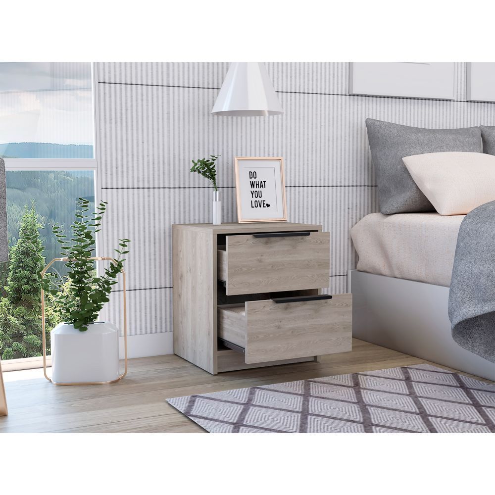 Kaia Nightstand, Two Drawers, Metal Handle -Light Gray