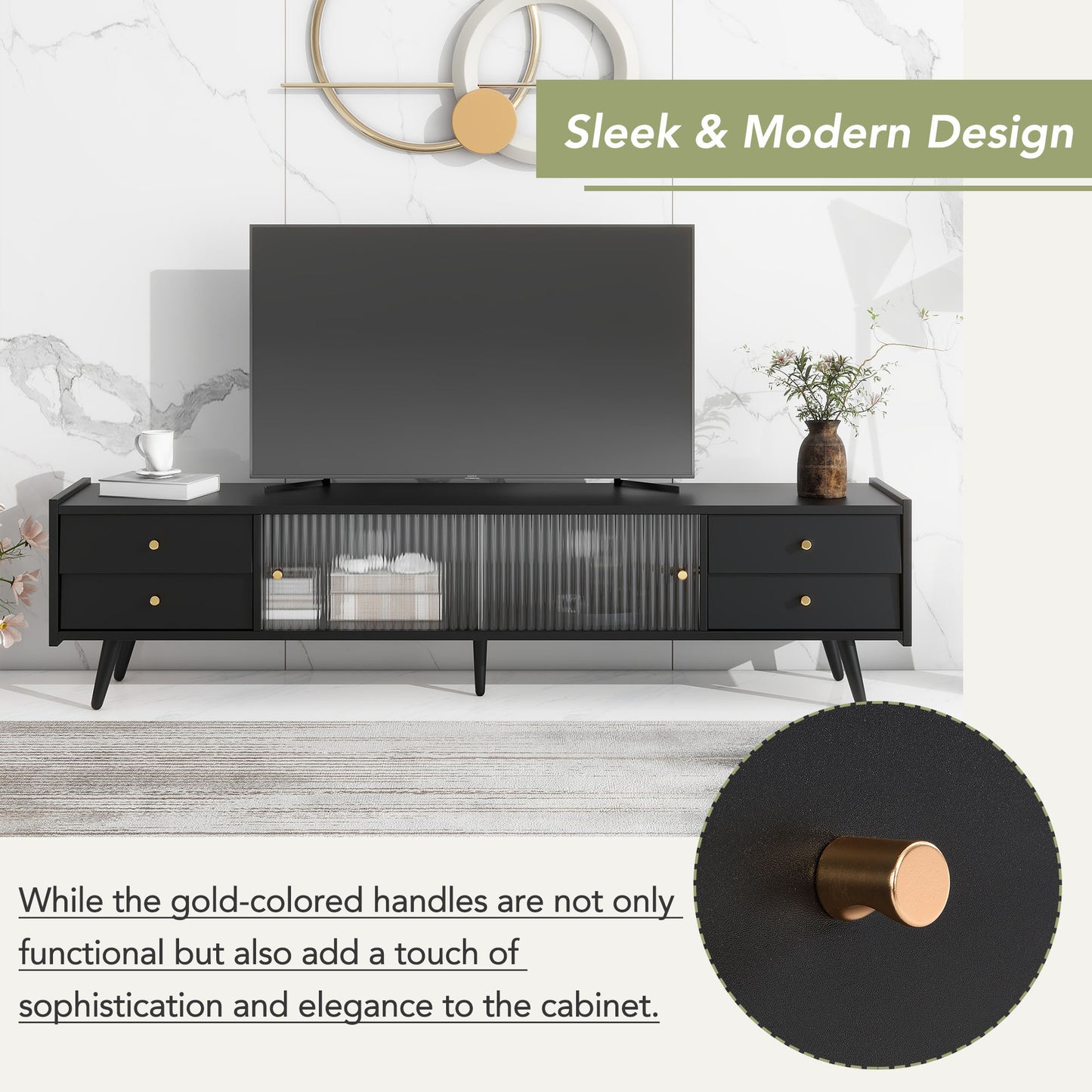 Contemporary Black TV Stand with Elegant Golden Accents