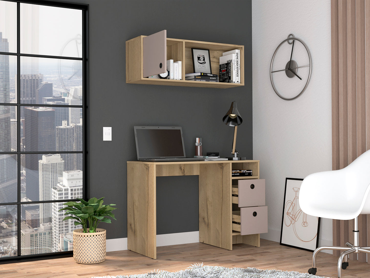 Luxurious Light Oak and Taupe Office Desk Set with Cabinet