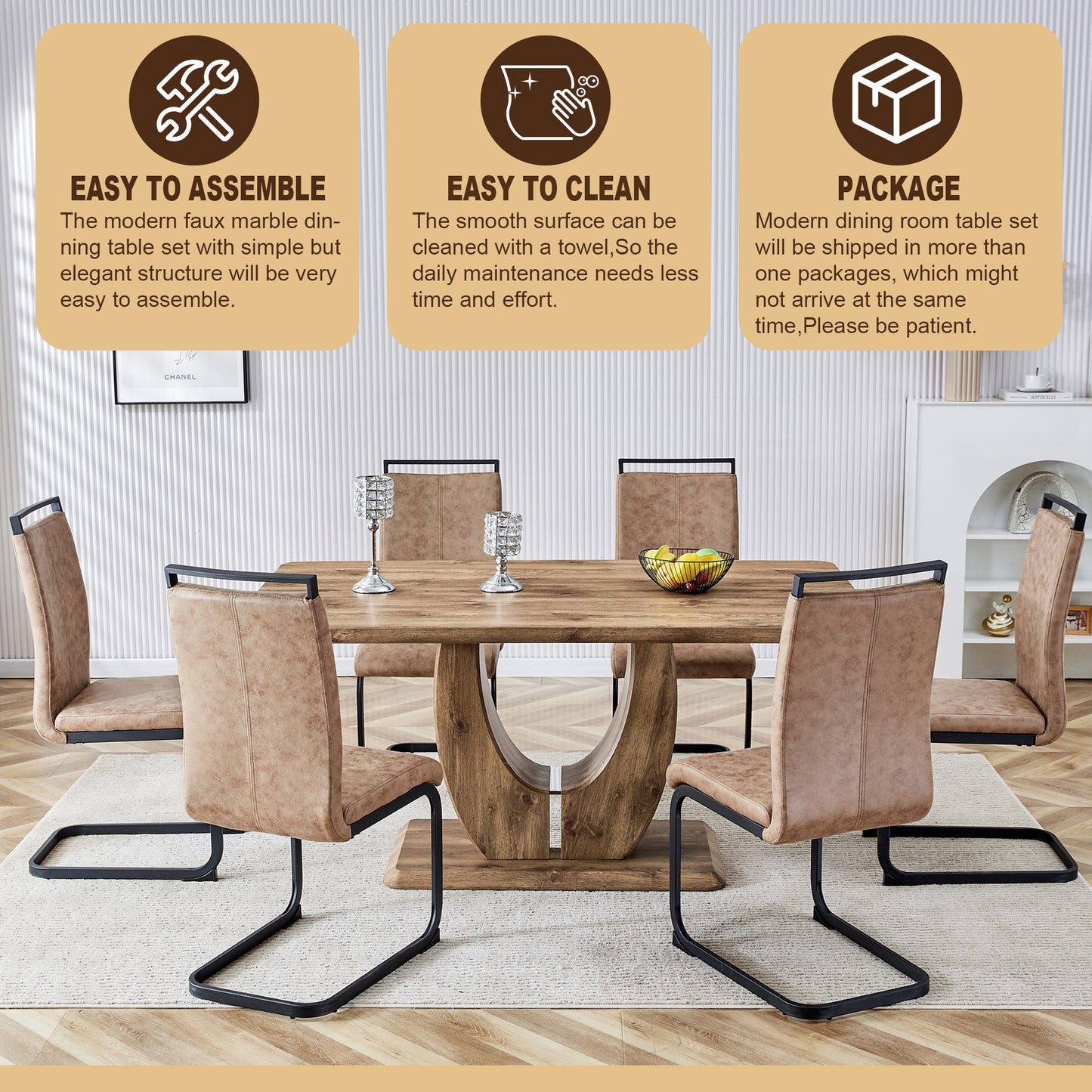 5 Piece Modern Dining Table Set, Rectangular Kitchen Table Set with Wooden Tabletop＆4 Pu Leather Upholstered Chairs Ideal for Dining Room, Kitchen