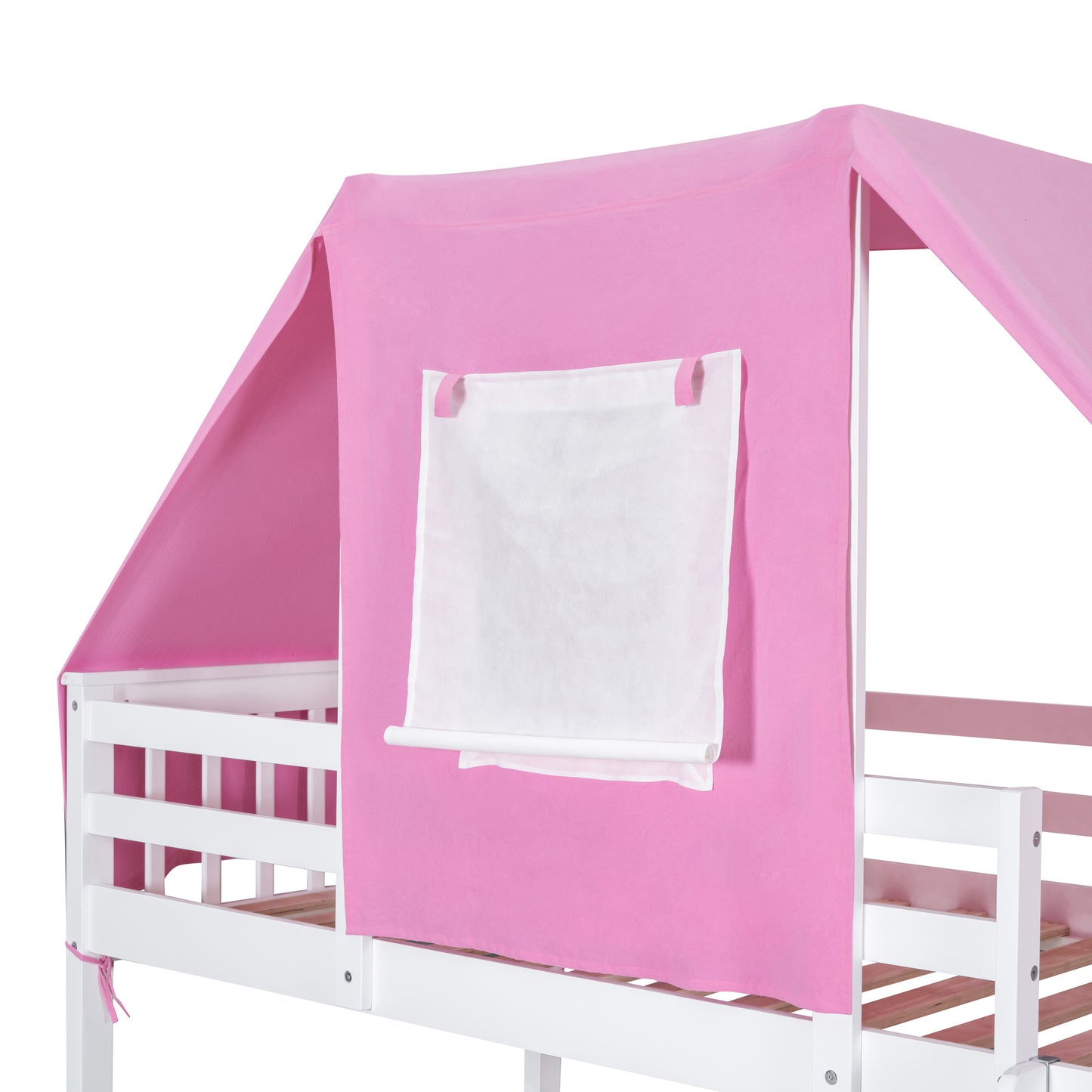 White and Pink Spacious Twin Bunk Bed with Playful Tent and Storage