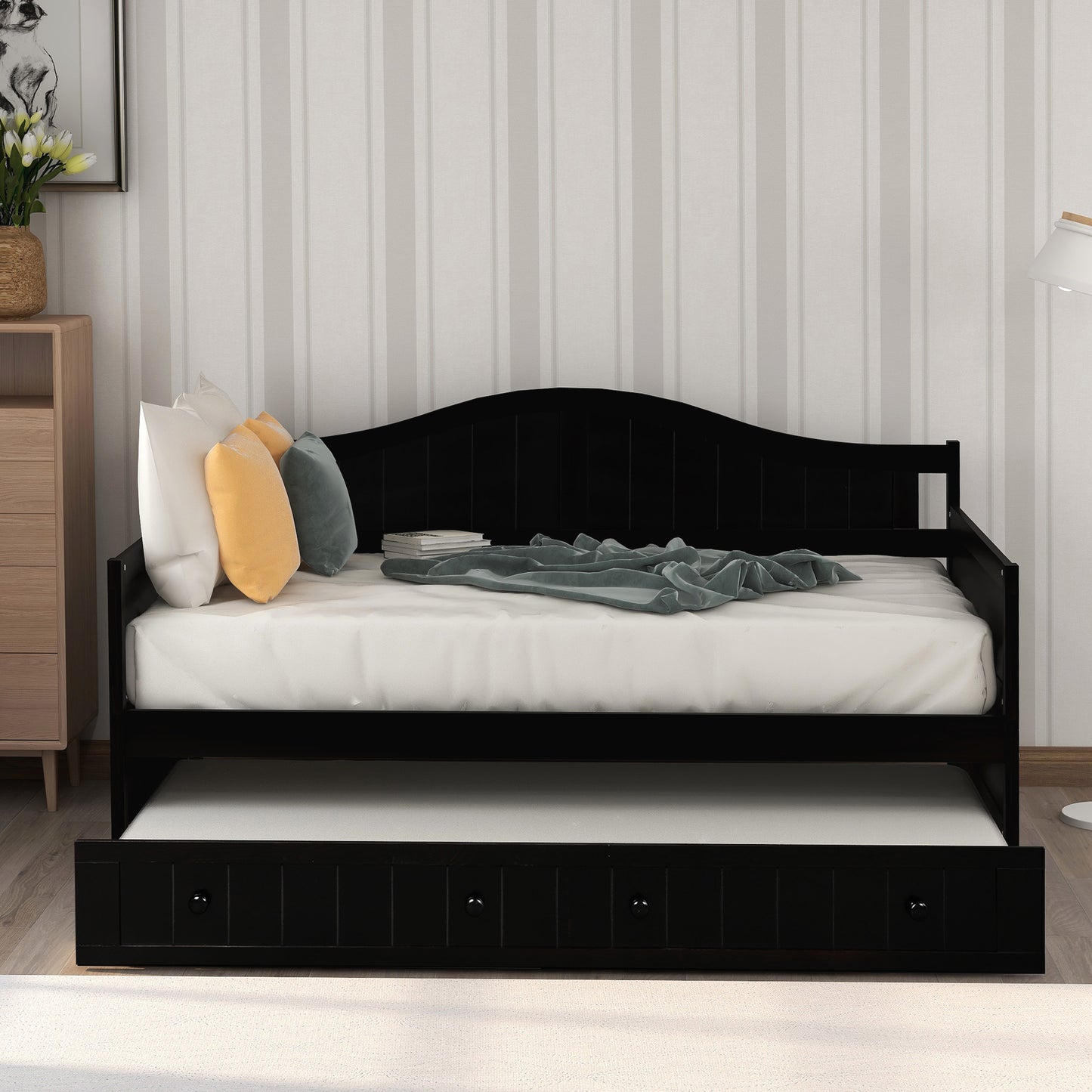 Twin Wooden Daybed with Trundle Bed, Sofa Bed for Bedroom Living Room, Espresso