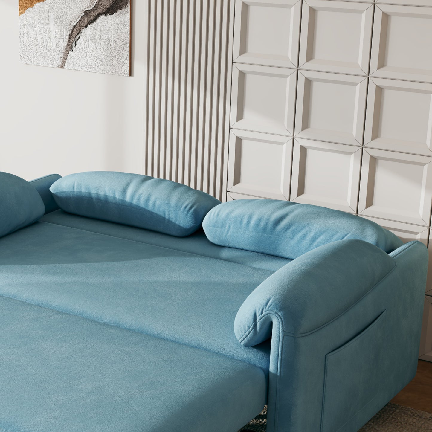 54 Blue Velvet Sofa Bed with Retractable Dual Purpose and Armrest Storage Bag