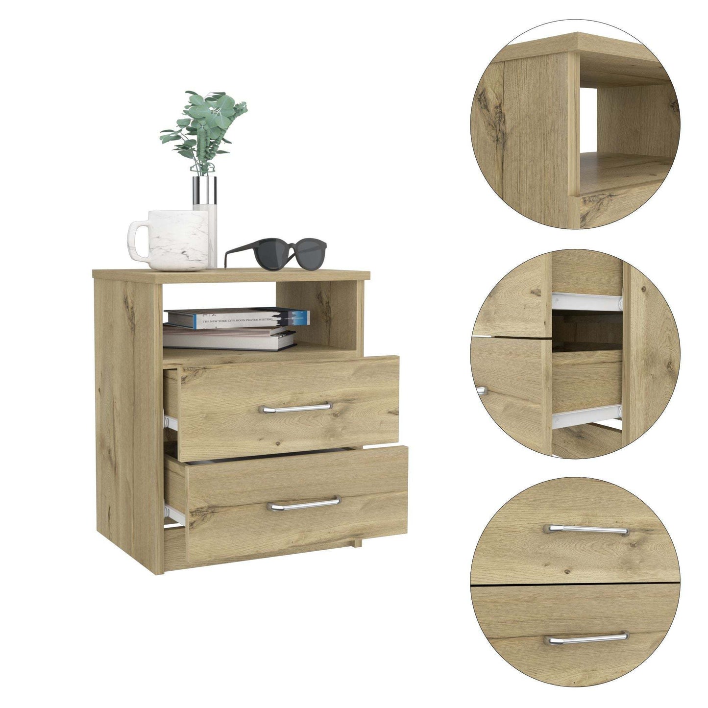 Napoles Nightstand, Superior Top, Two Drawers, One Shelf -Light Oak